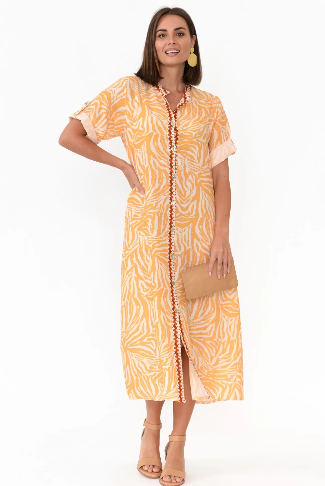 Fabuler Retro Orange Zebra Linen Shirt Dress Best Sale