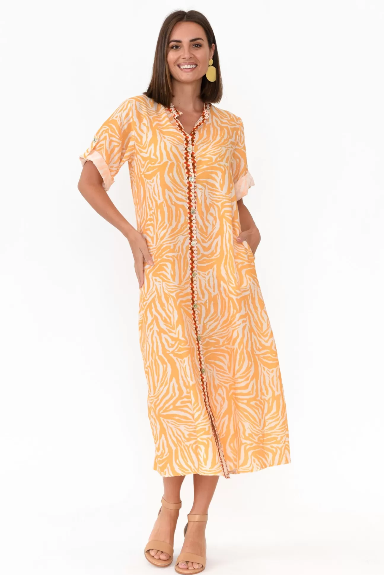 Fabuler Retro Orange Zebra Linen Shirt Dress Best Sale