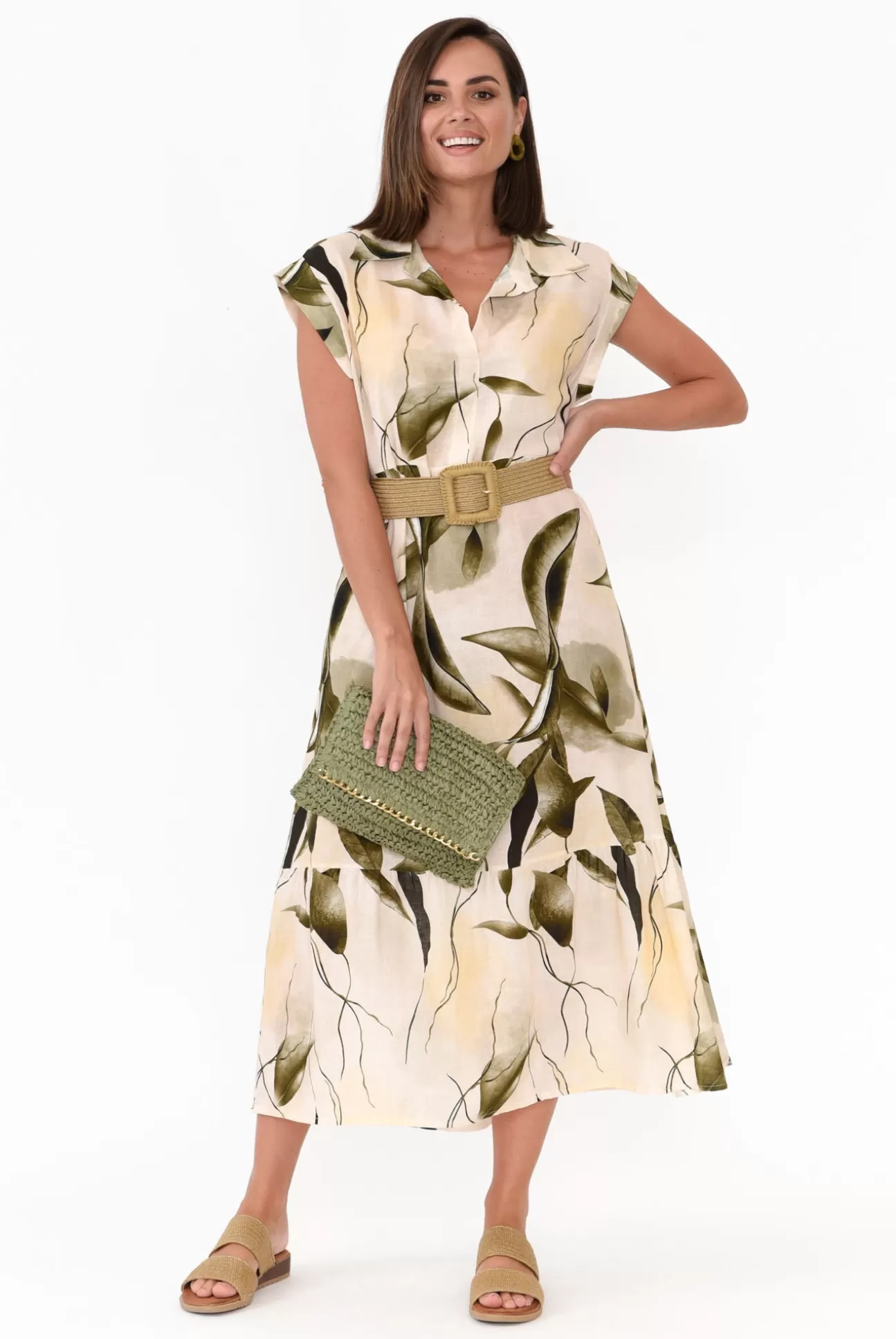 Rosa Jojo Rhiannon Green Leaf Linen Cotton Dress Outlet