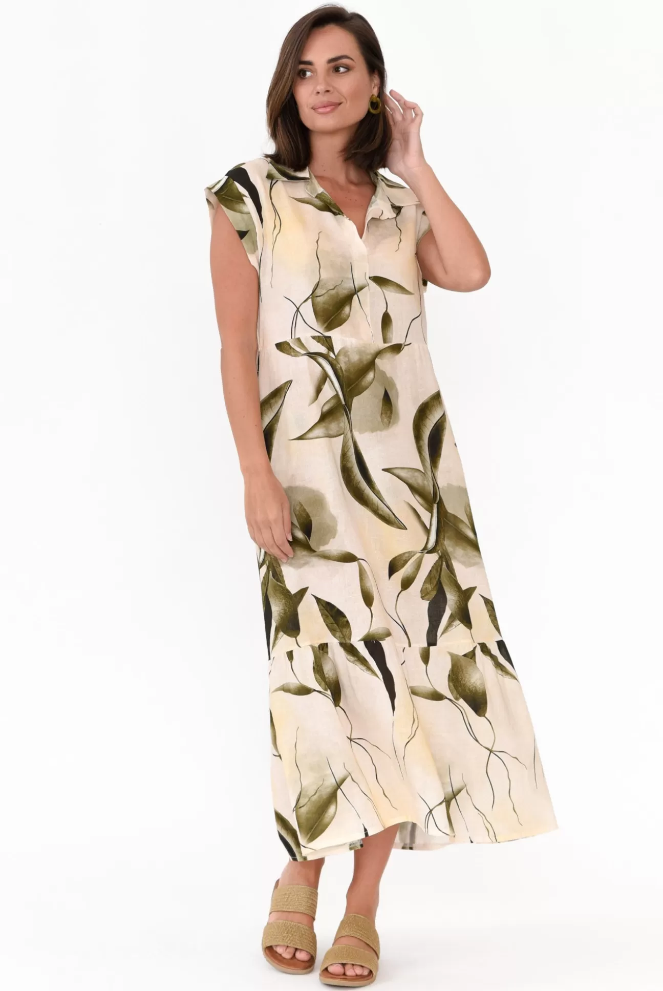 Rosa Jojo Rhiannon Green Leaf Linen Cotton Dress Outlet