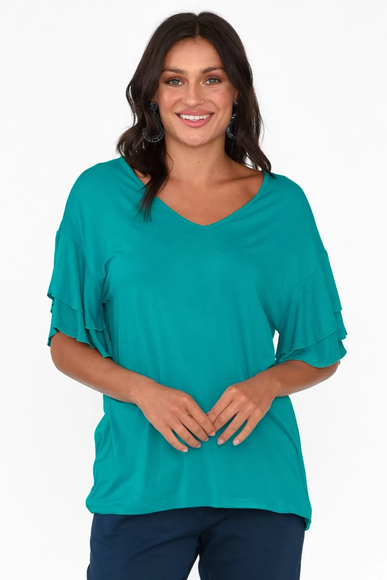 Betty Basics Ripon Blue Lagoon Frill Sleeve Top Cheap