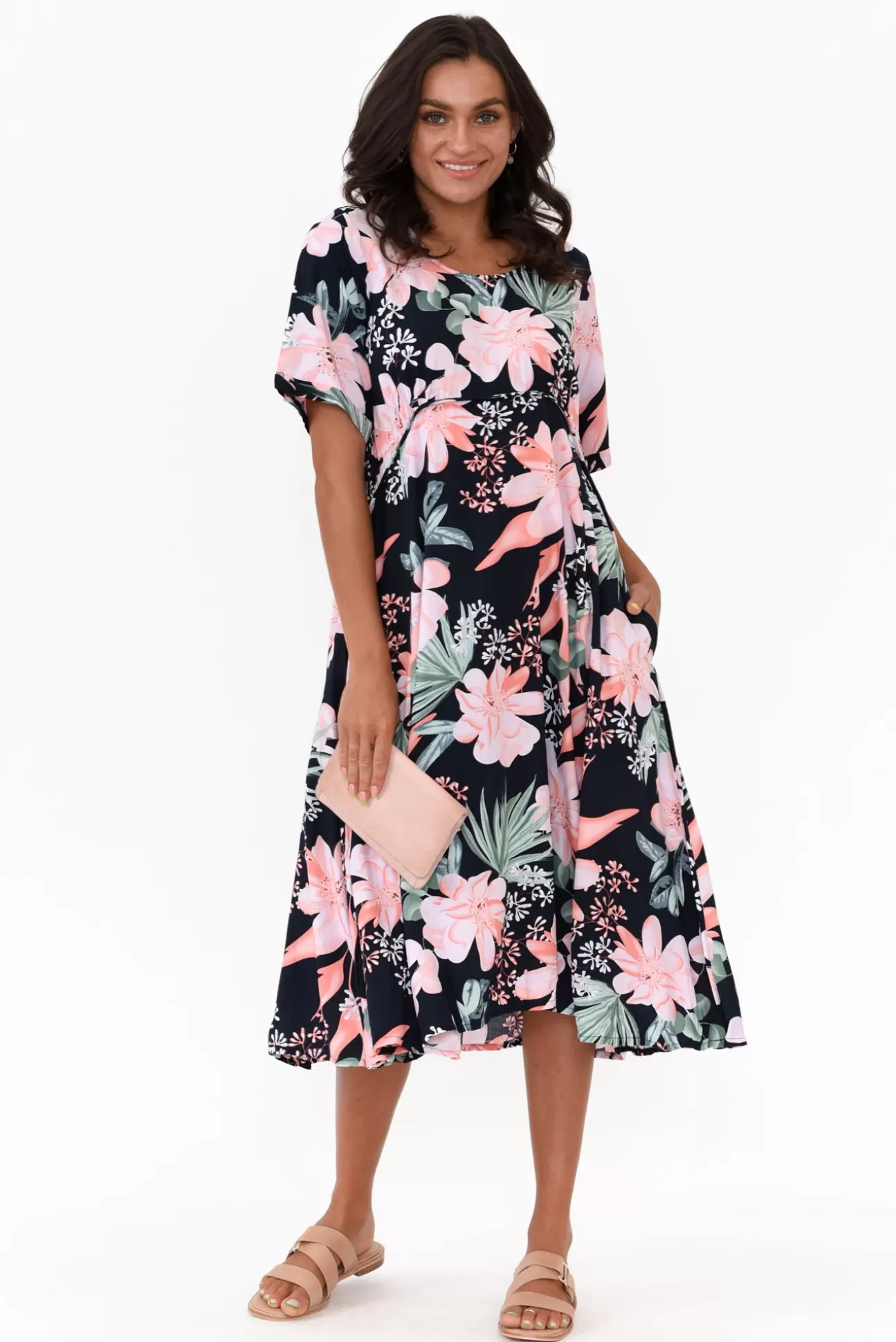 Willow Tree Roberta Pink Hibiscus Midi Dress Outlet