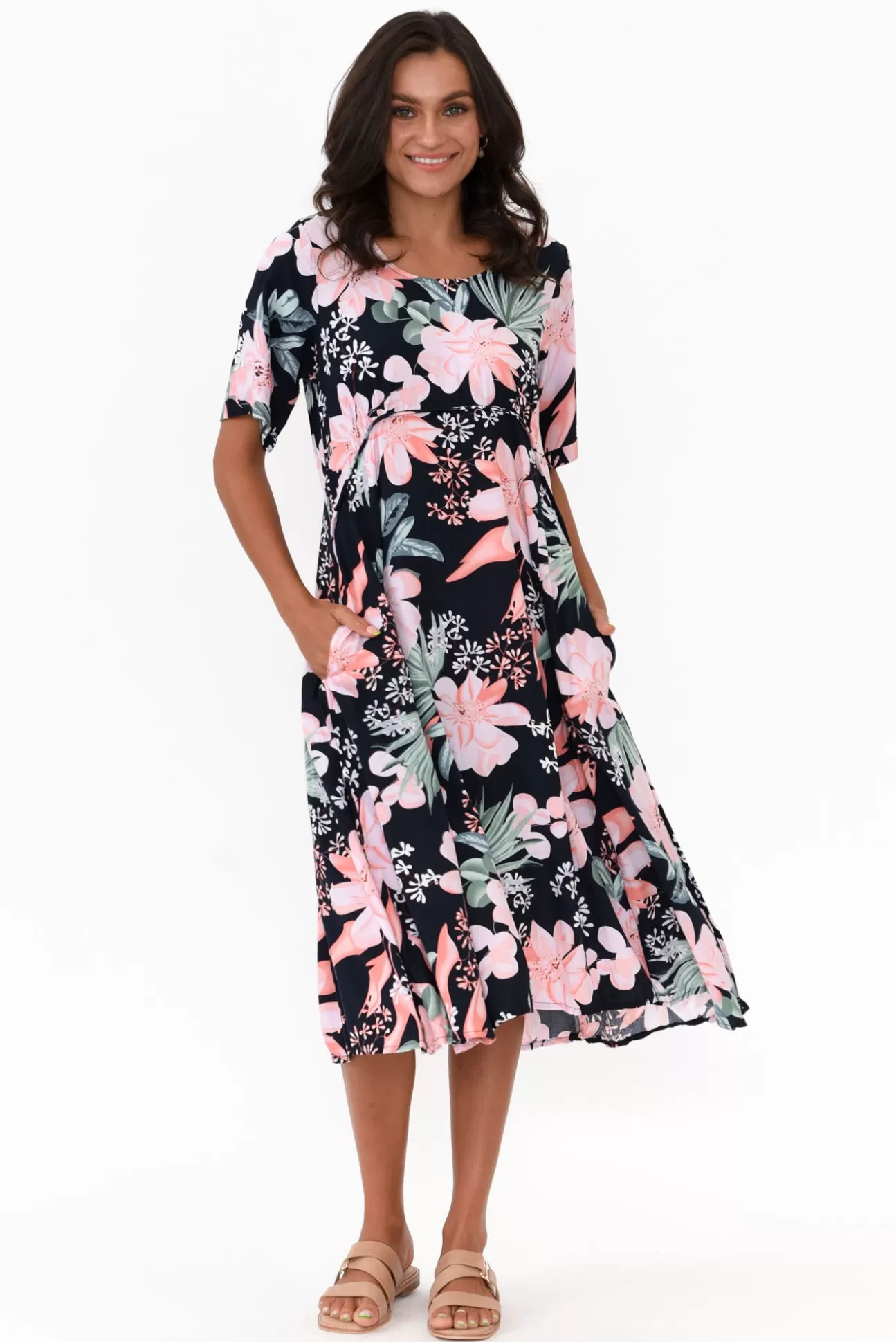 Willow Tree Roberta Pink Hibiscus Midi Dress Outlet