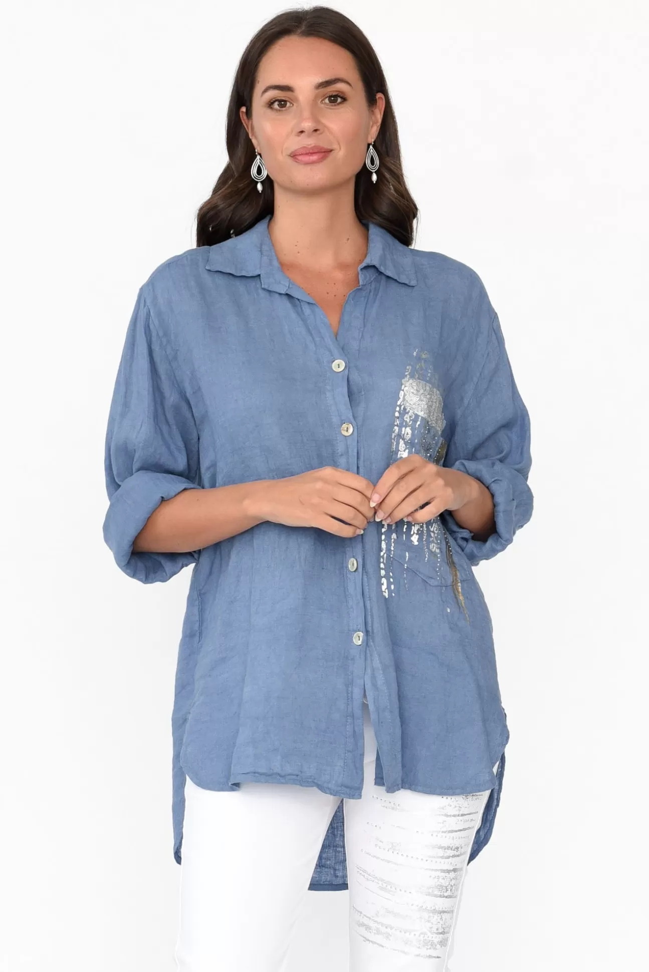 La Strada Roda Blue Foil Linen Shirt Outlet