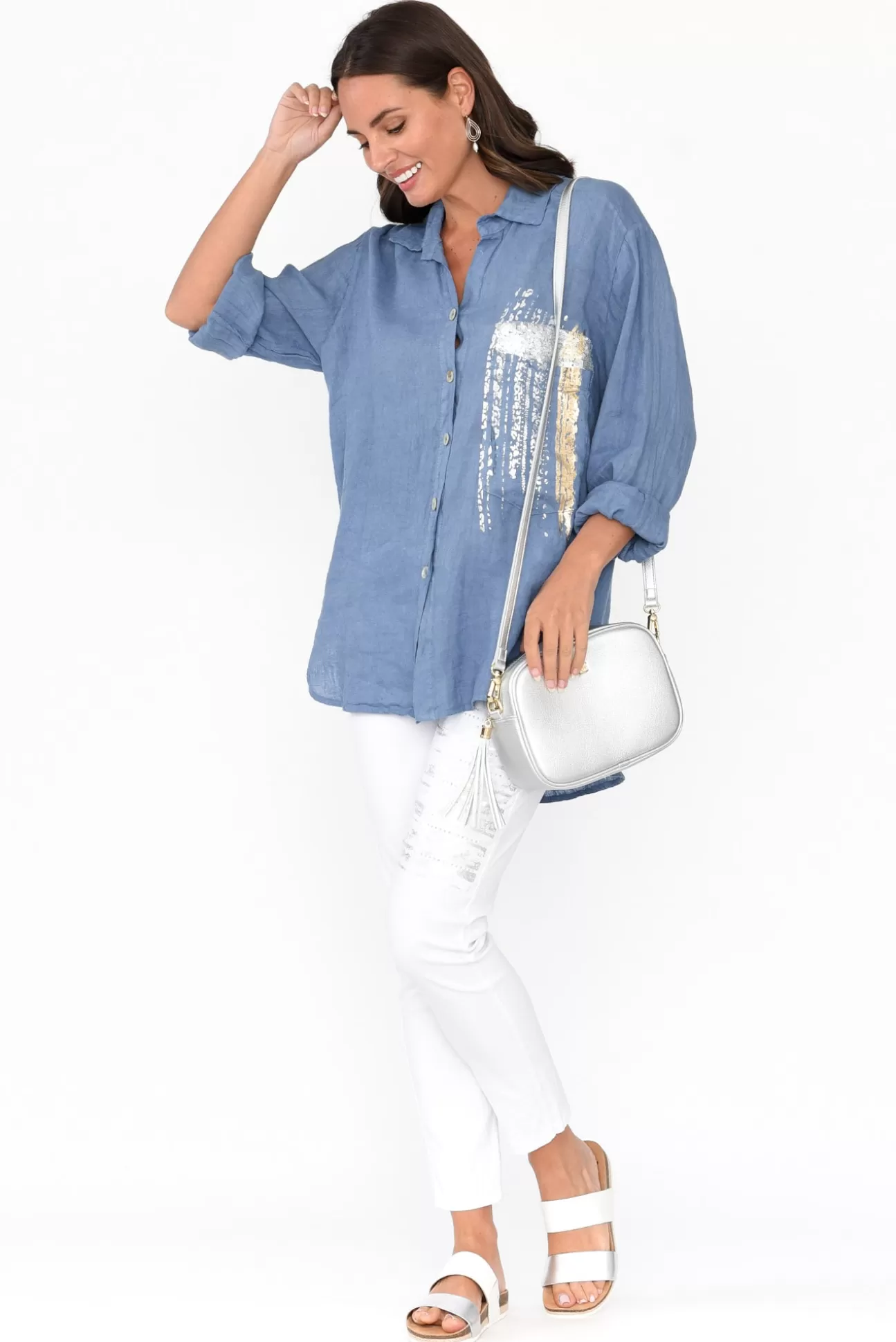 La Strada Roda Blue Foil Linen Shirt Outlet