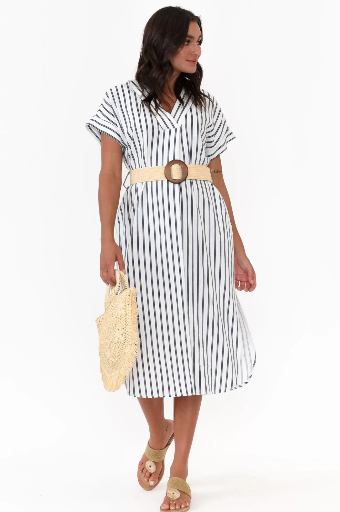 Betty Basics Roma Blue Stripe Linen Dress Fashion