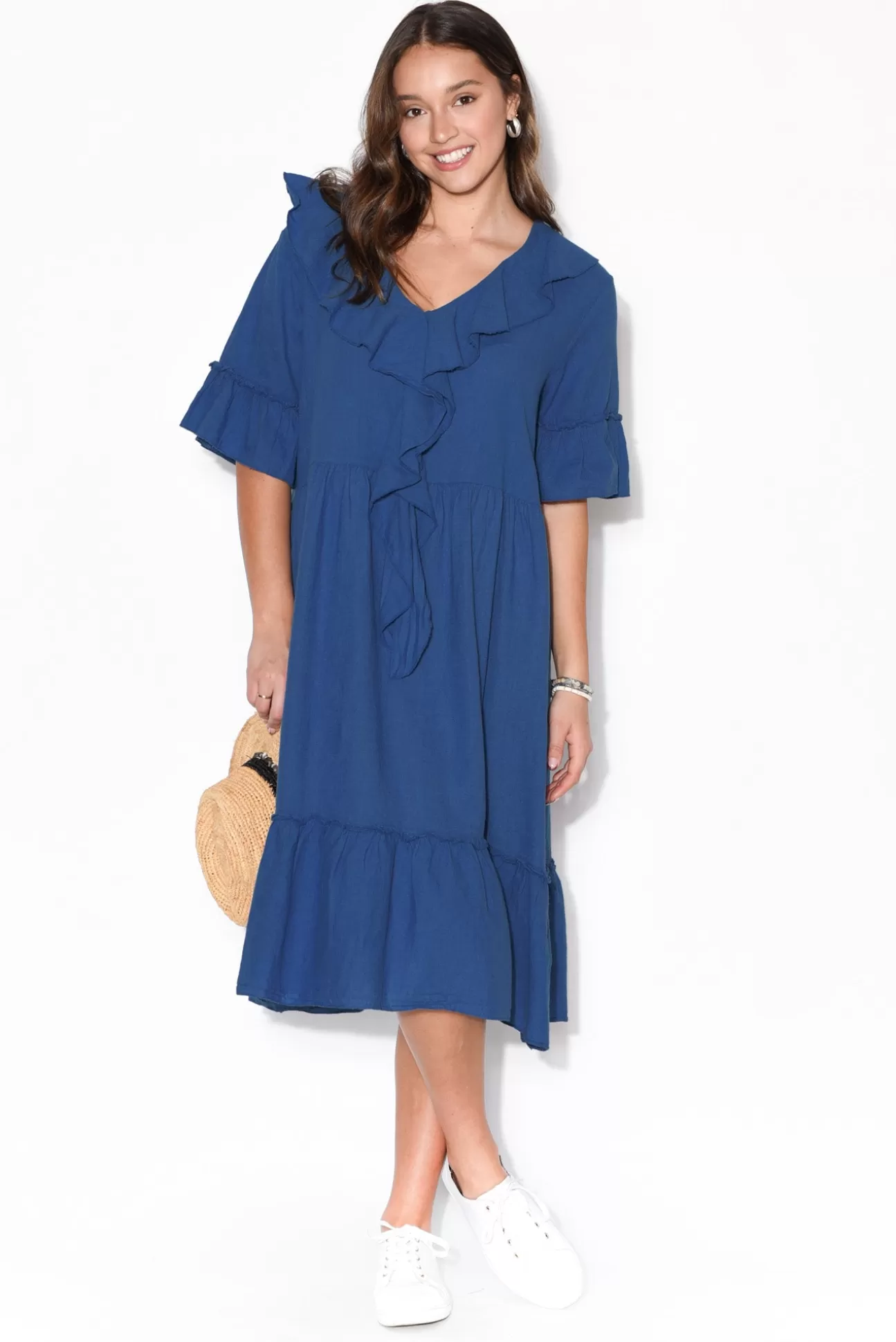 Wednesday Lulu Ronnie Blue Linen Ruffle Dress Discount