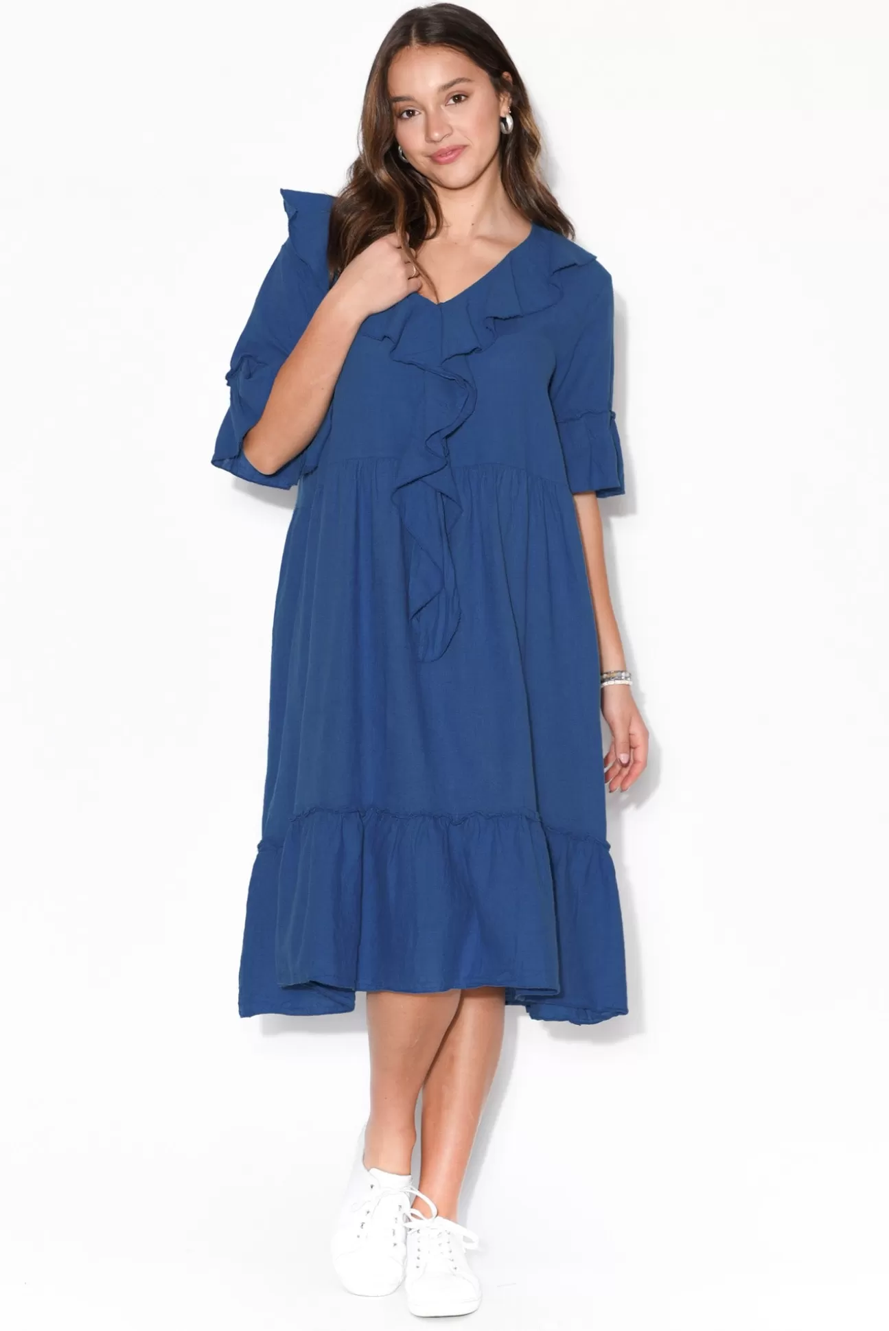 Wednesday Lulu Ronnie Blue Linen Ruffle Dress Discount