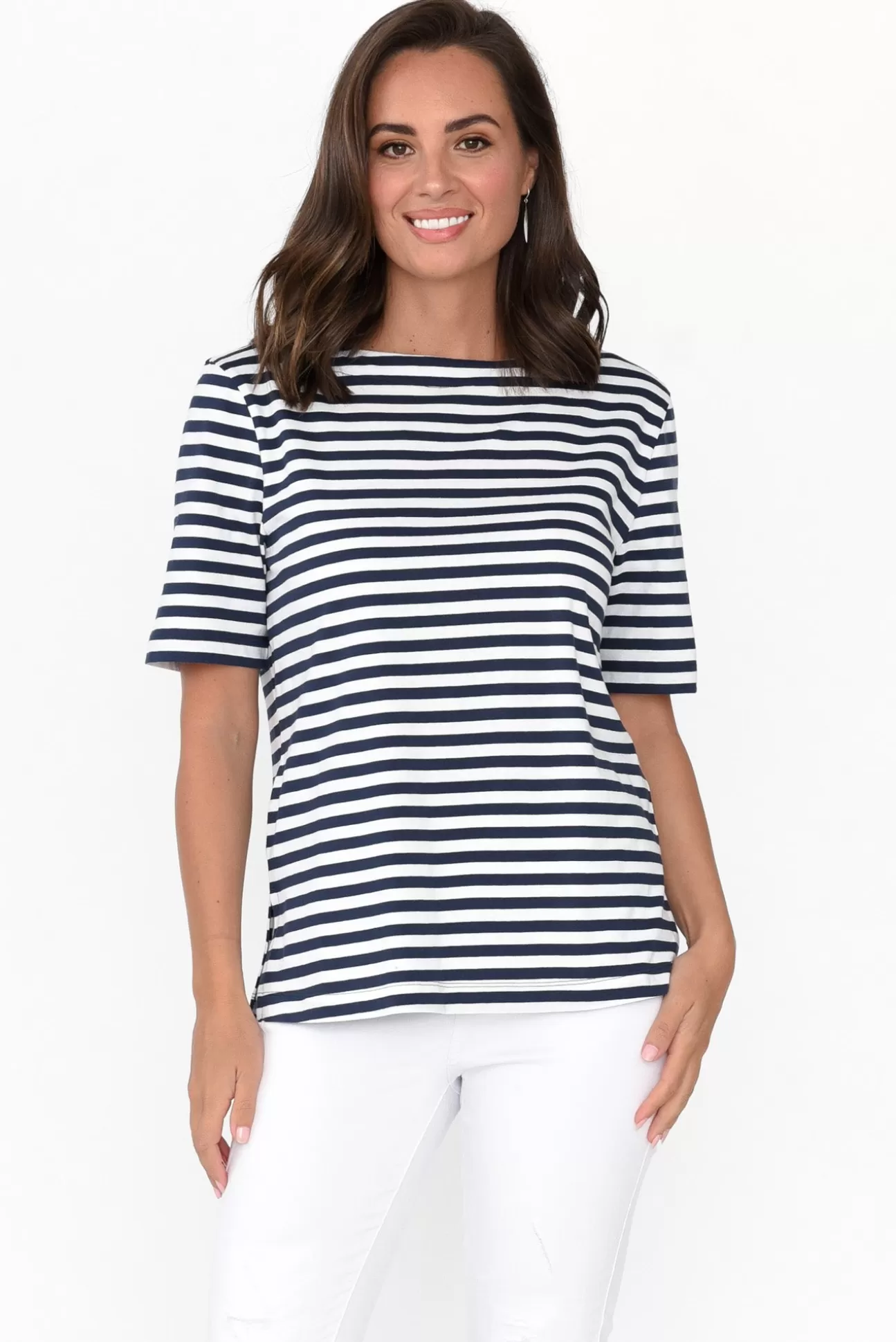 Betty Basics Rosalie Navy Stripe Cotton Tee Discount