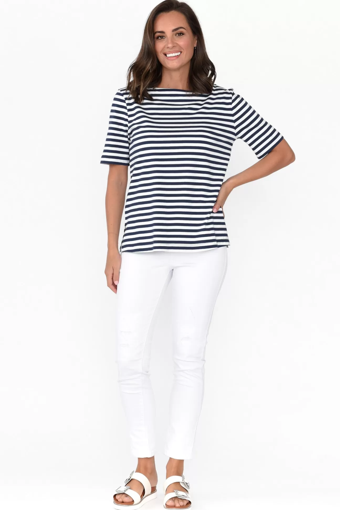 Betty Basics Rosalie Navy Stripe Cotton Tee Discount