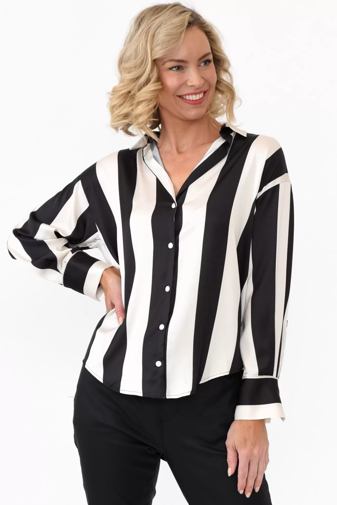 Slate the Label Rosita Black Stripe Satin Collared Shirt Hot