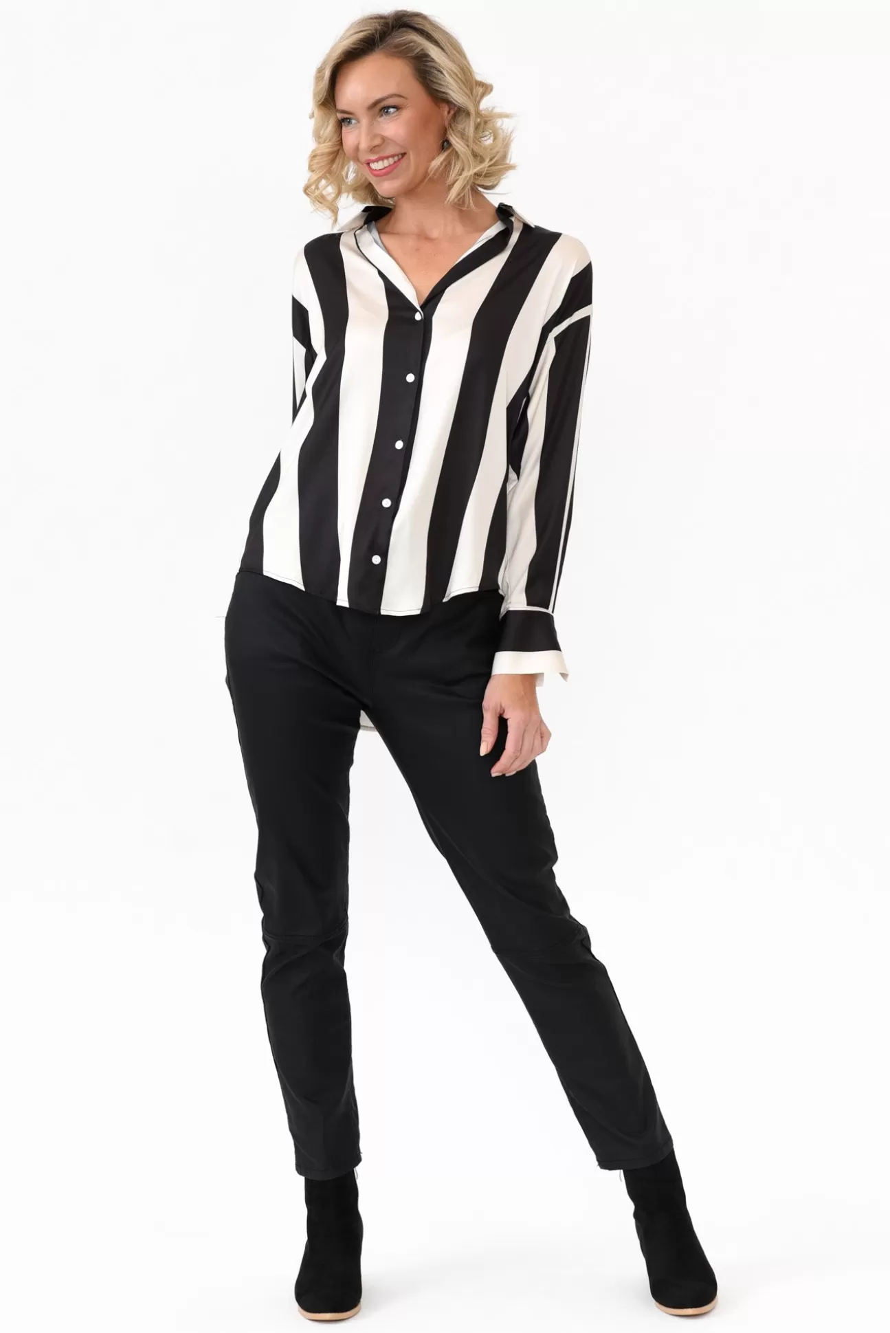 Slate the Label Rosita Black Stripe Satin Collared Shirt Hot