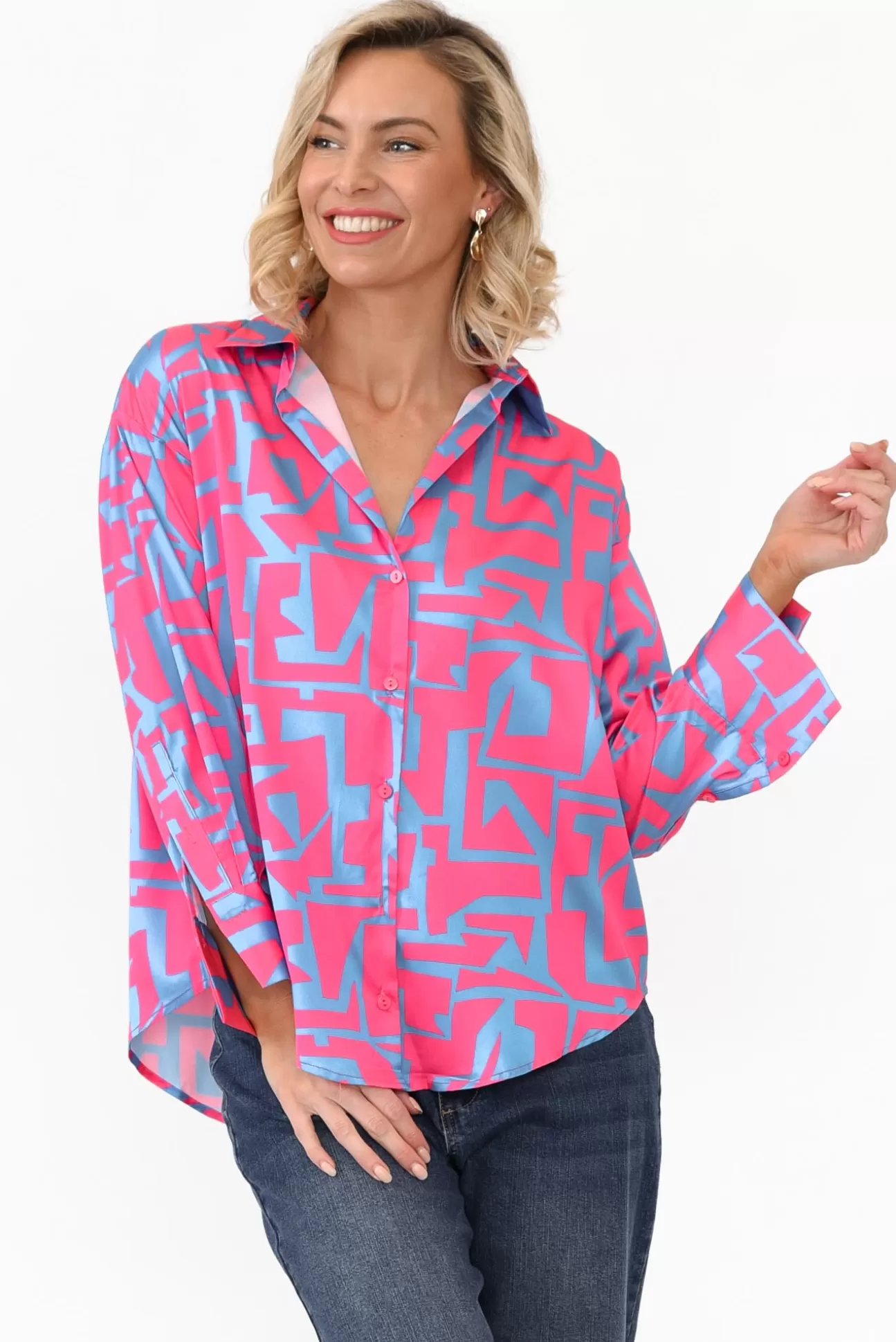 Slate the Label Rosita Pink Geo Satin Collared Shirt Clearance