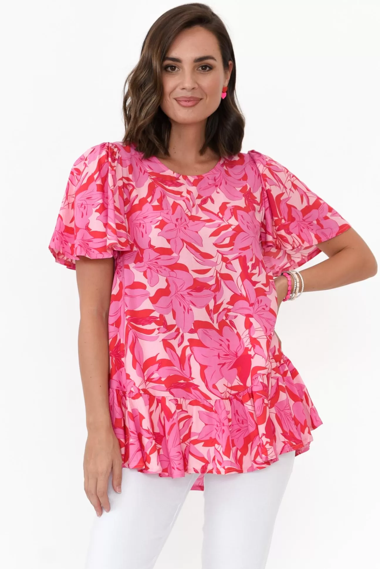 New U Collection Roswell Pink Tropical Ruffle Top Outlet