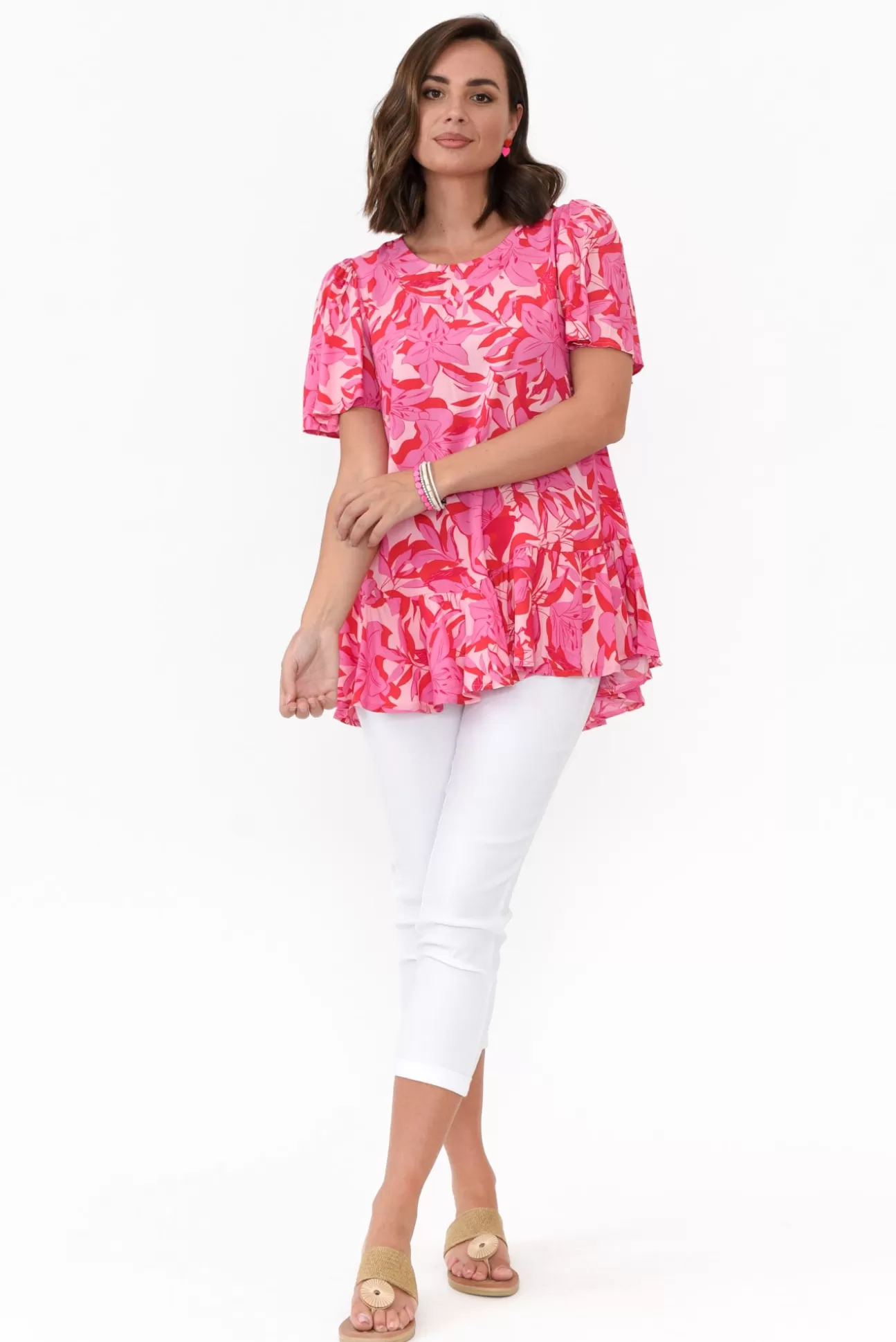 New U Collection Roswell Pink Tropical Ruffle Top Outlet