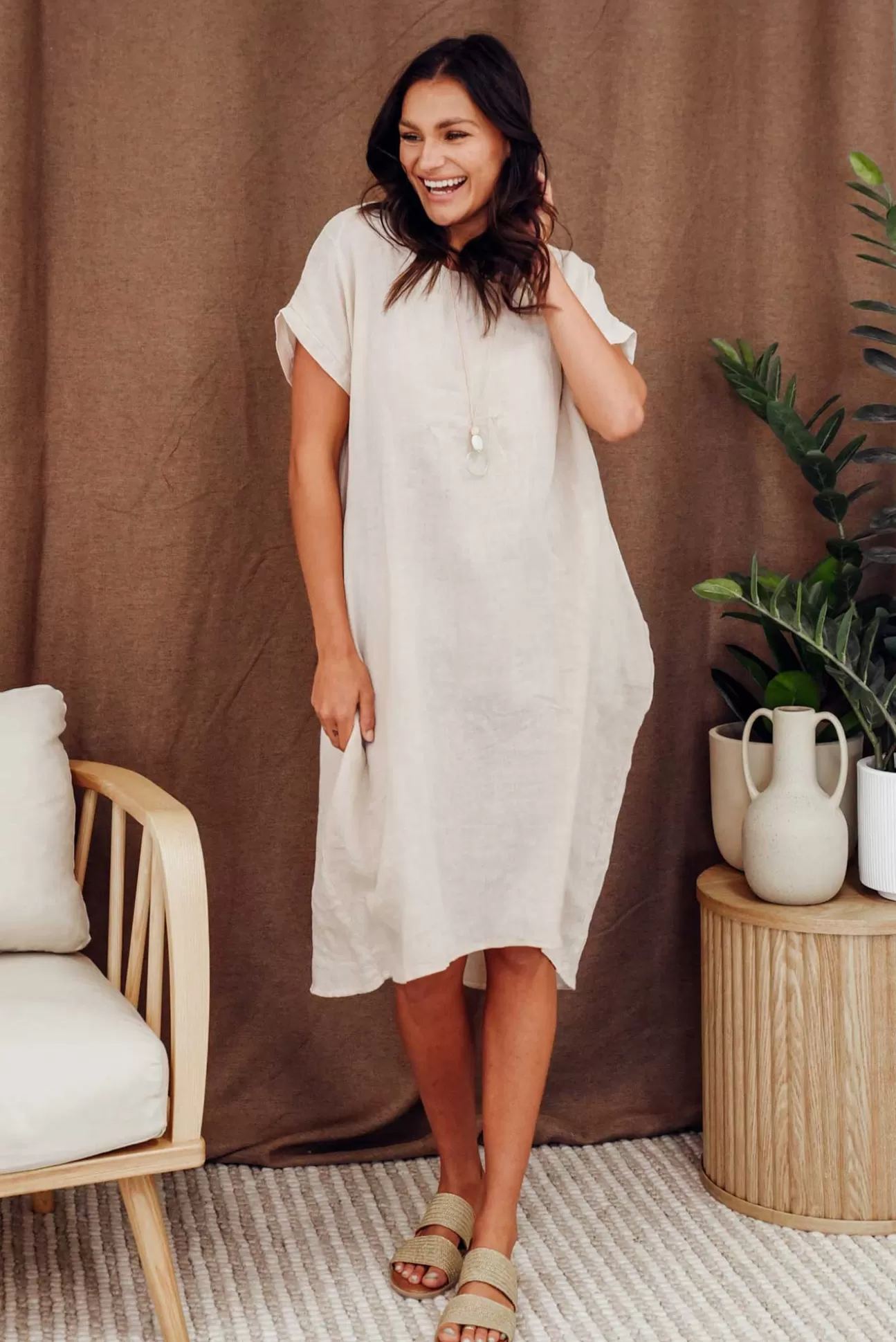 Cali and Co Rudy Natural Linen Pocket Dress New