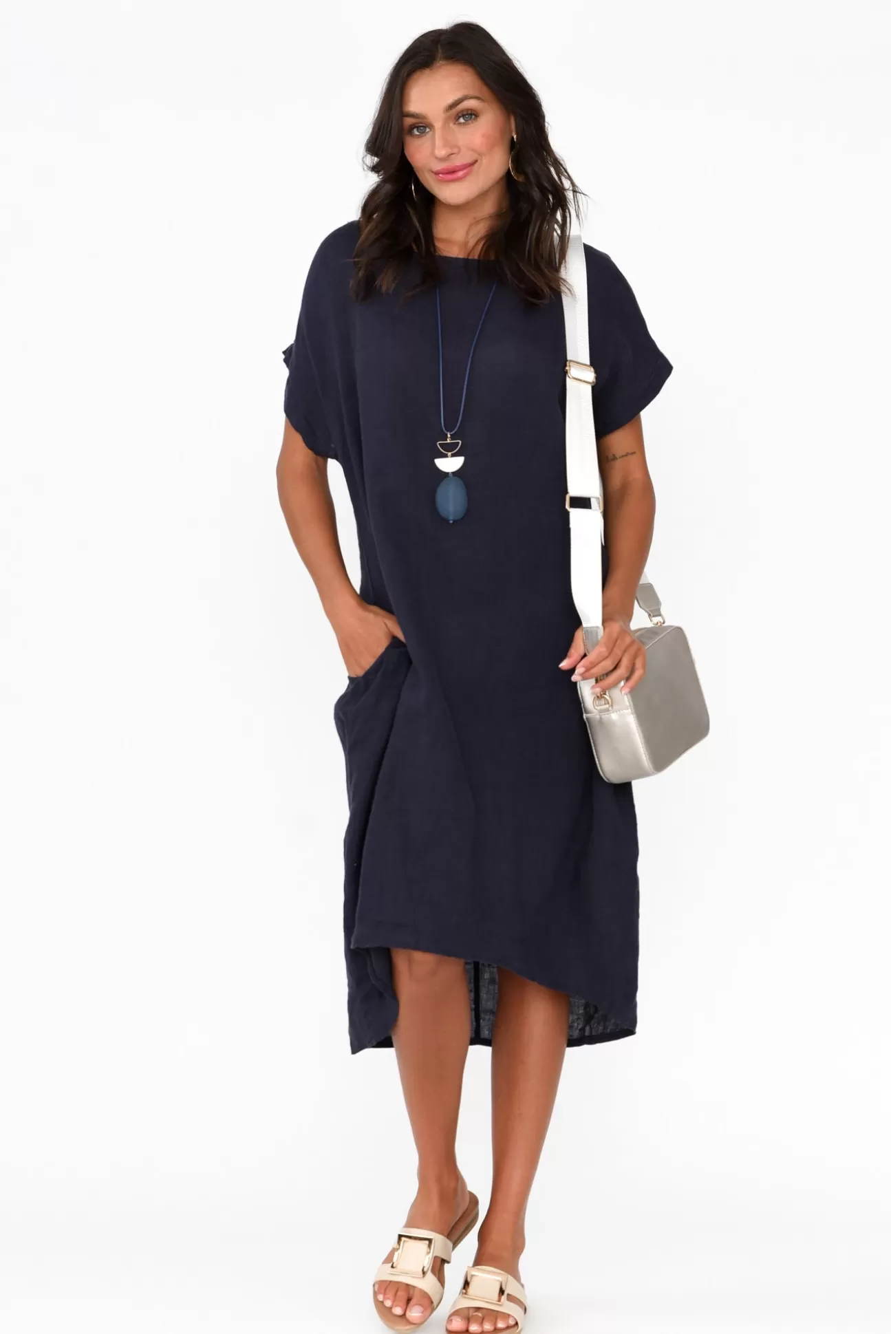 Cali and Co Rudy Navy Linen Pocket Dress Fashion