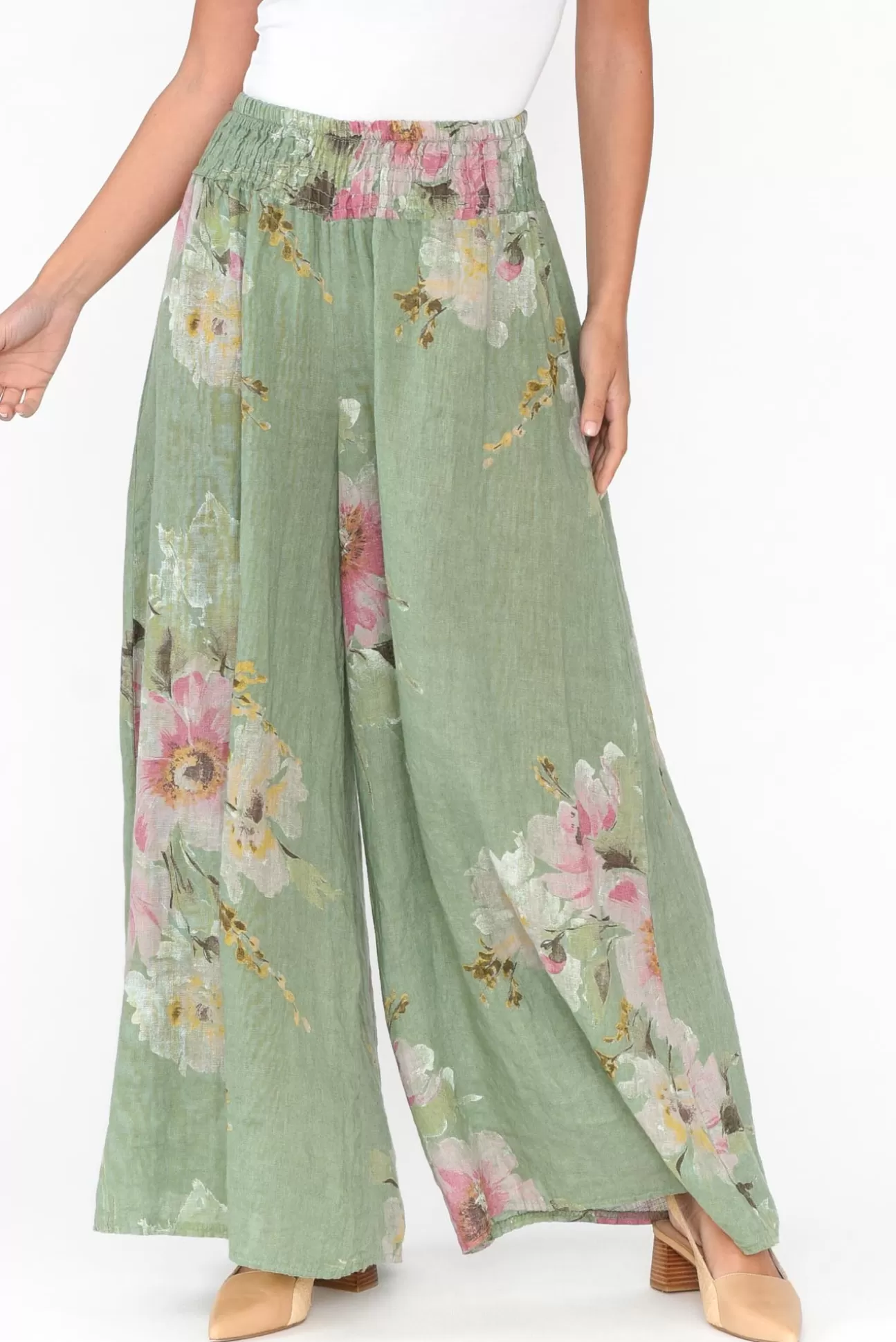 Donna Donna Rumi Sage Floral Wide Leg Linen Pant Sale