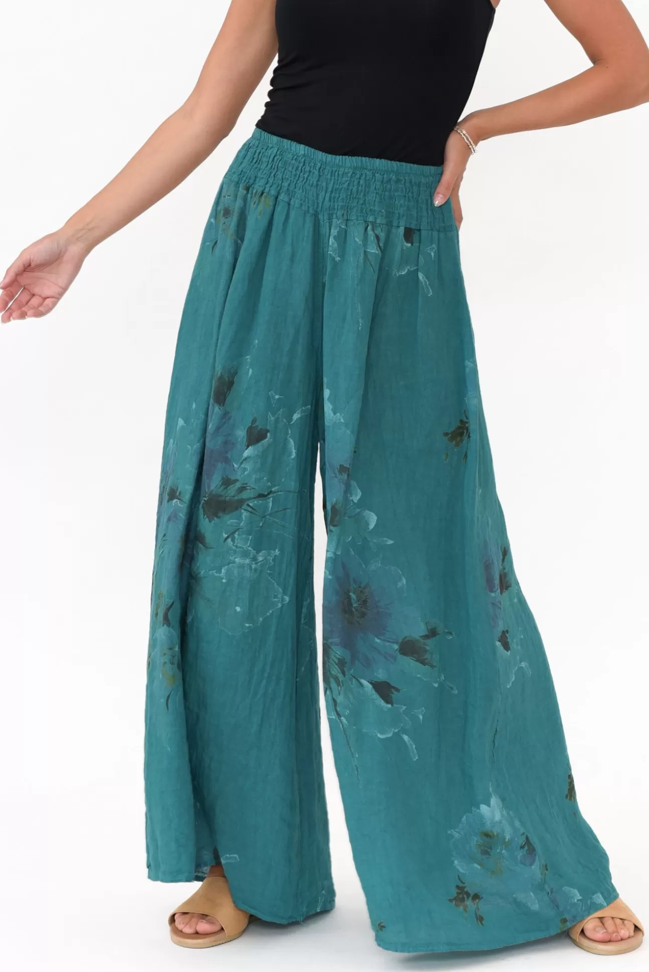 Donna Donna Rumi Teal Floral Wide Leg Linen Pant Best