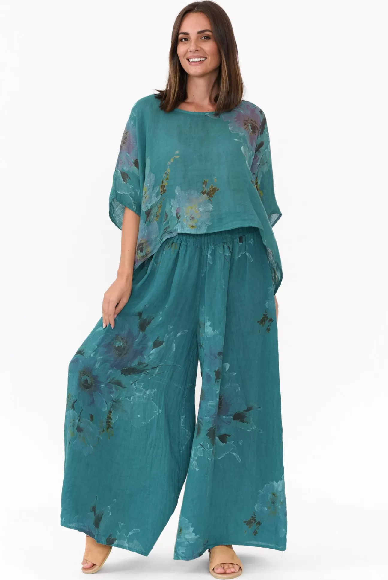 Donna Donna Rumi Teal Floral Wide Leg Linen Pant Best