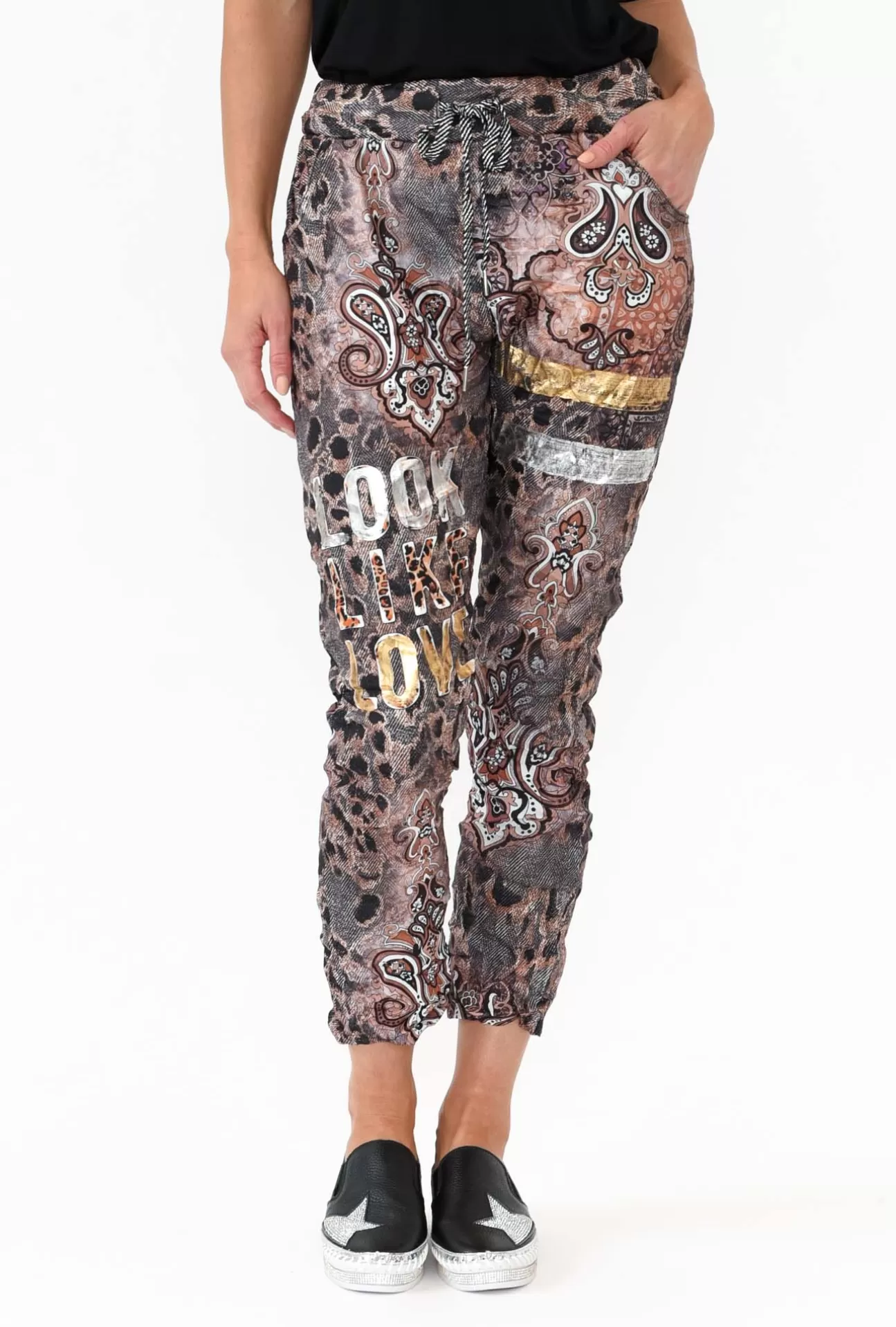 La Strada Russo Beige Abstract Drawstring Pant Fashion