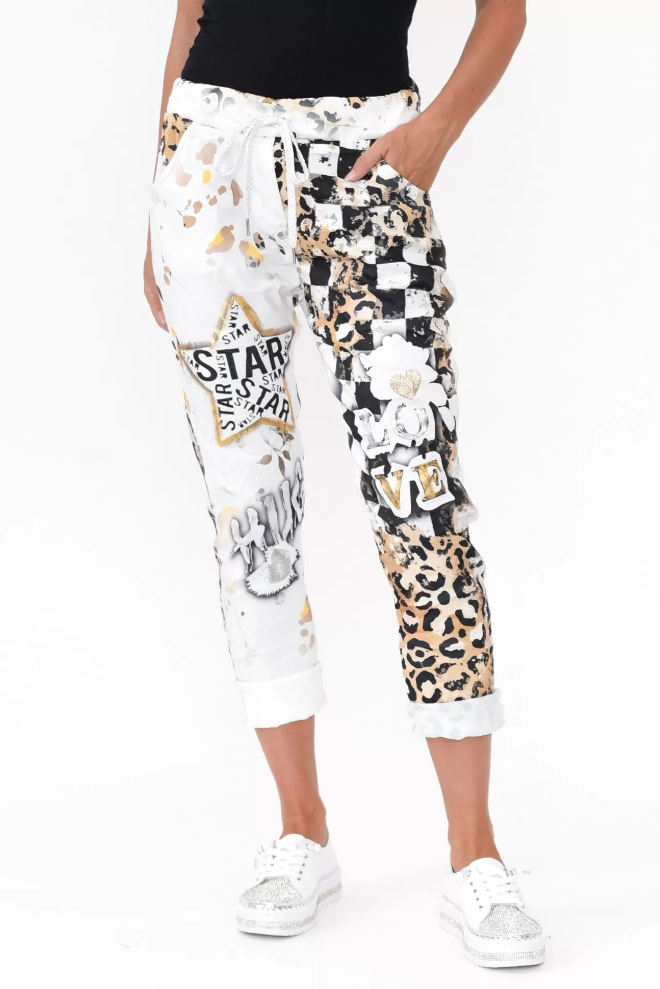 La Strada Russo Black Abstract Drawstring Pant Hot