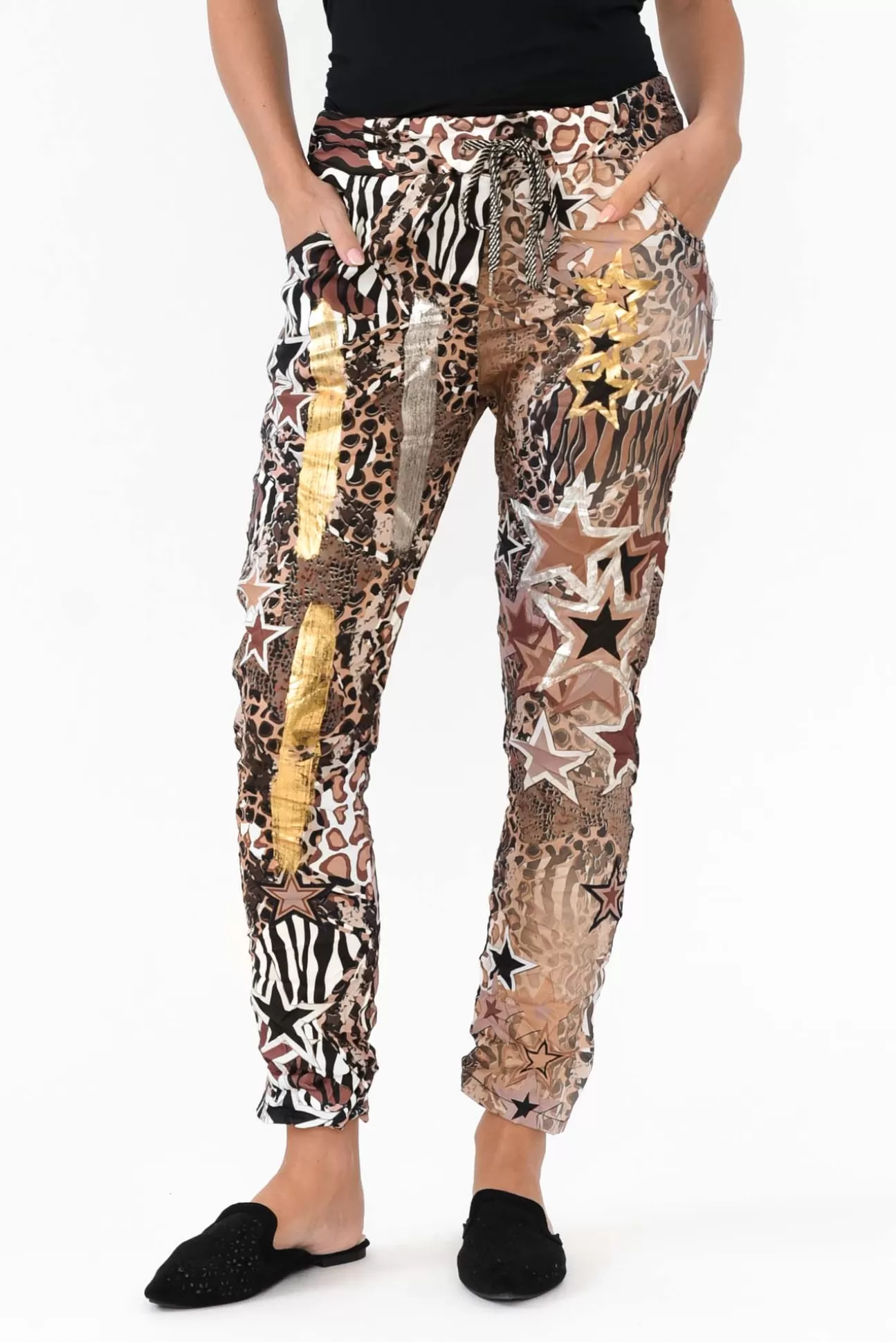 La Strada Russo Brown Animal Star Drawstring Pant Best