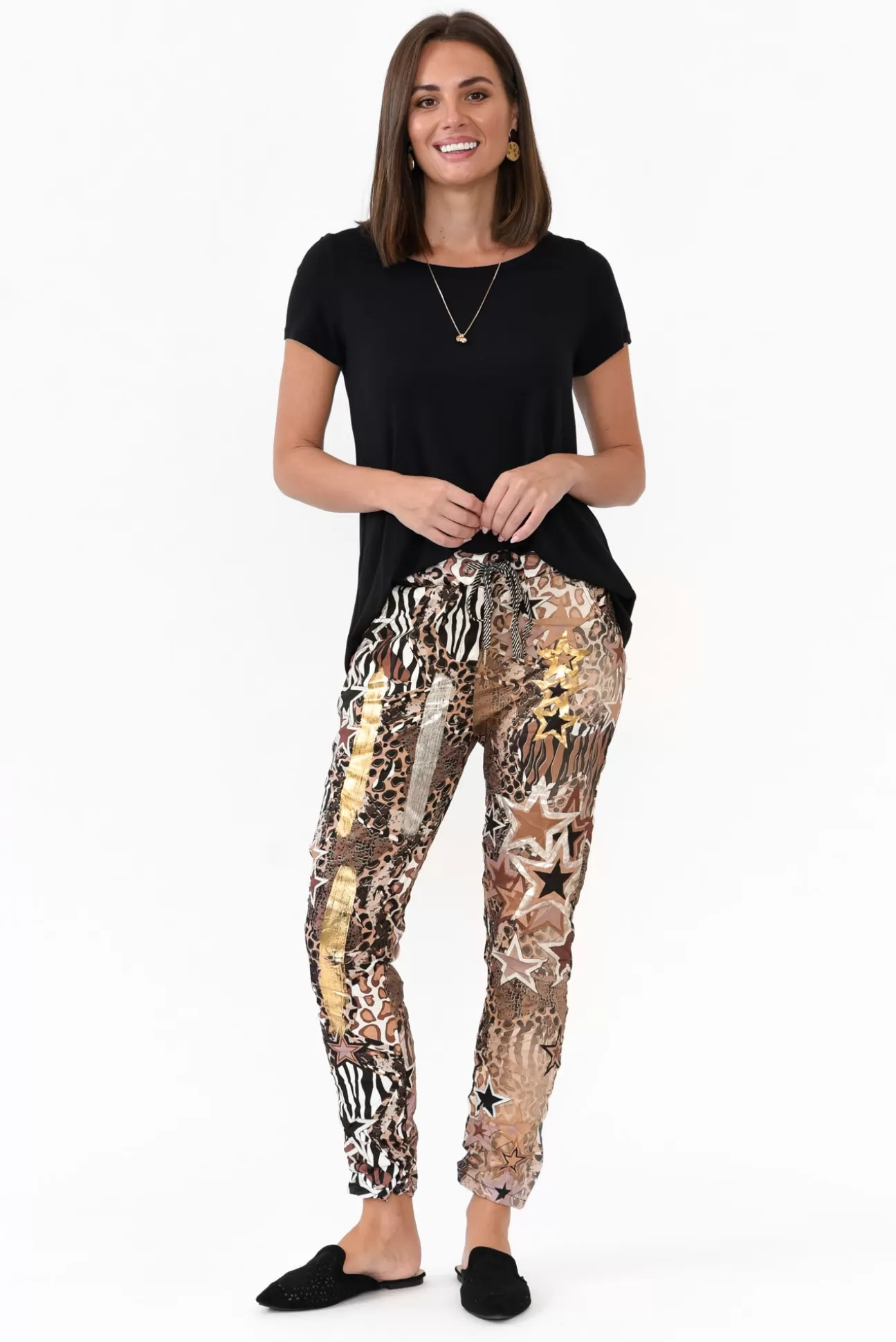 La Strada Russo Brown Animal Star Drawstring Pant Best