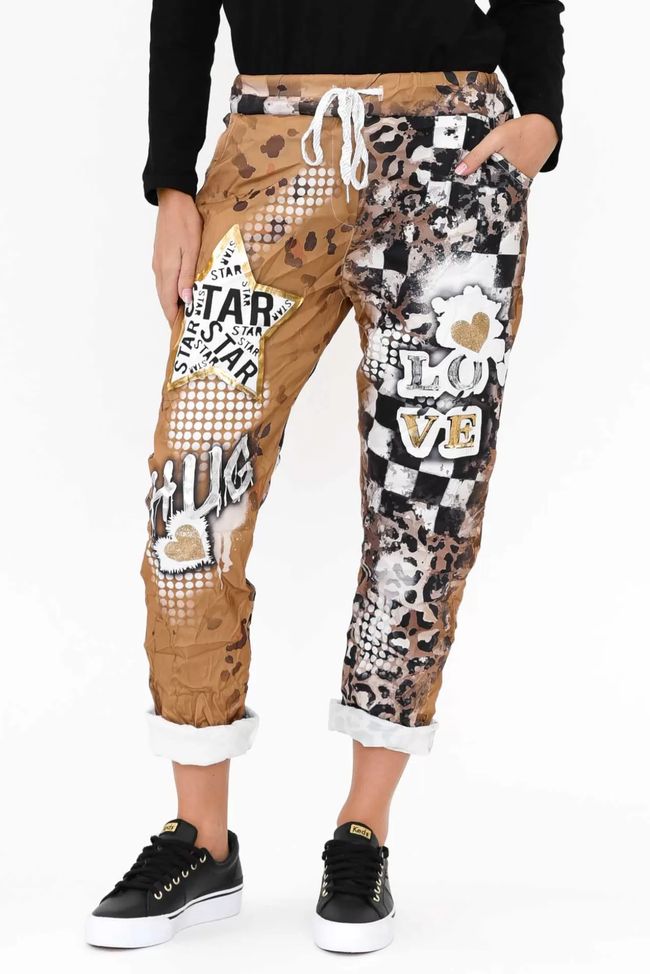 La Strada Russo Tan Abstract Drawstring Pant Shop