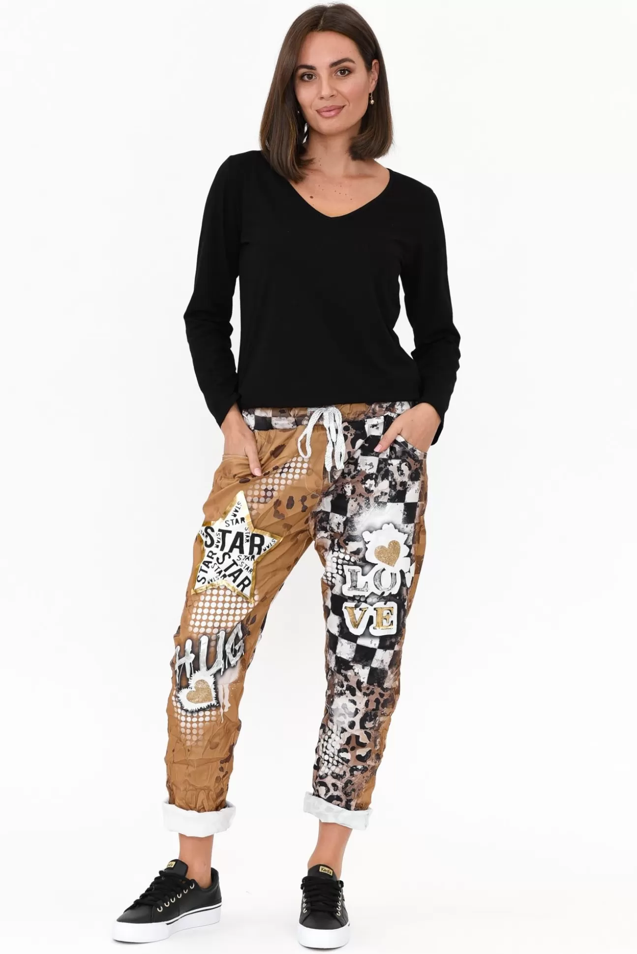 La Strada Russo Tan Abstract Drawstring Pant Shop