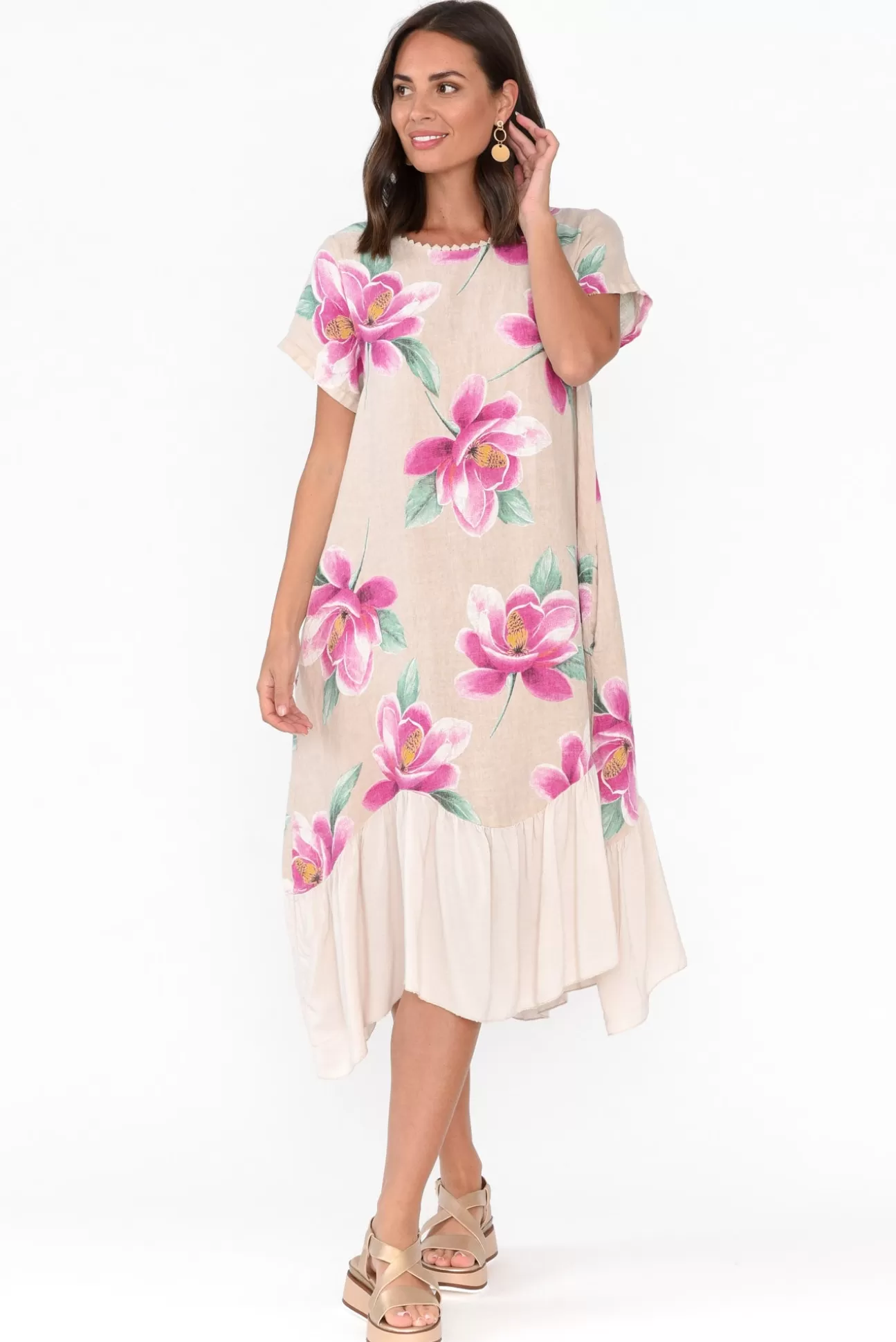 Fabuler Ryker Beige Floral Linen Pocket Dress Online