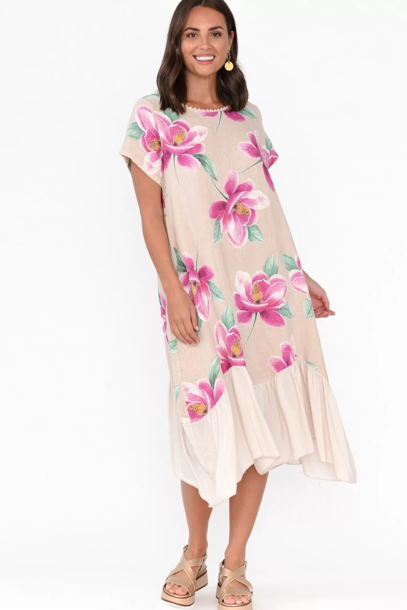 Fabuler Ryker Beige Floral Linen Pocket Dress Online