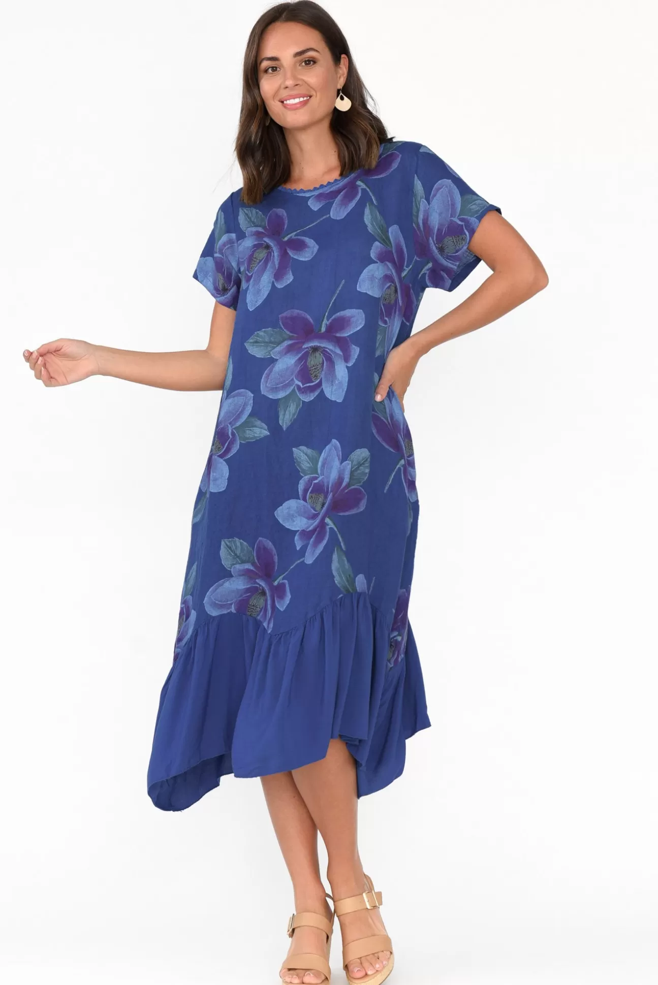 Fabuler Ryker Cobalt Floral Linen Pocket Dress Outlet