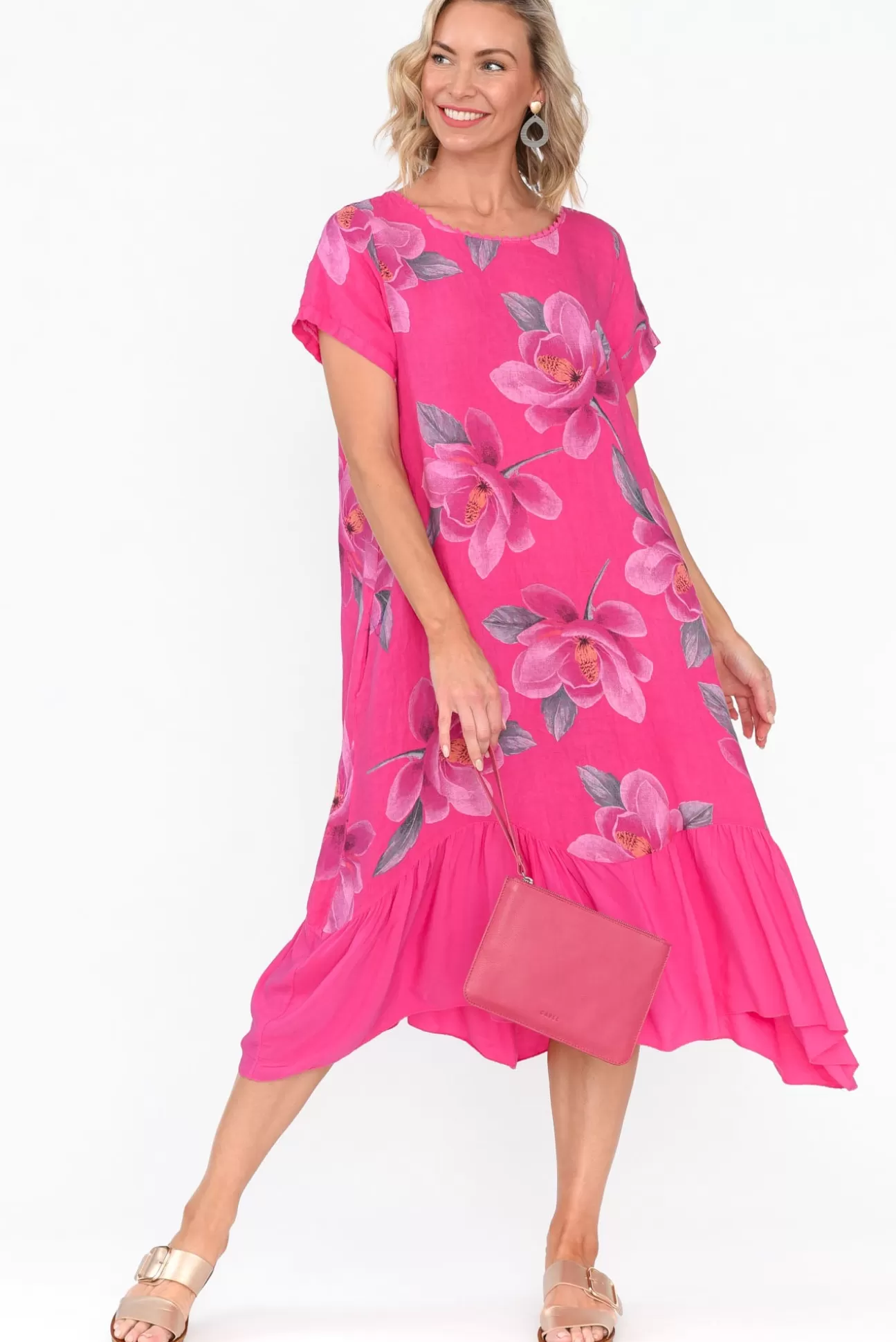 Fabuler Ryker Hot Pink Floral Linen Pocket Dress Hot