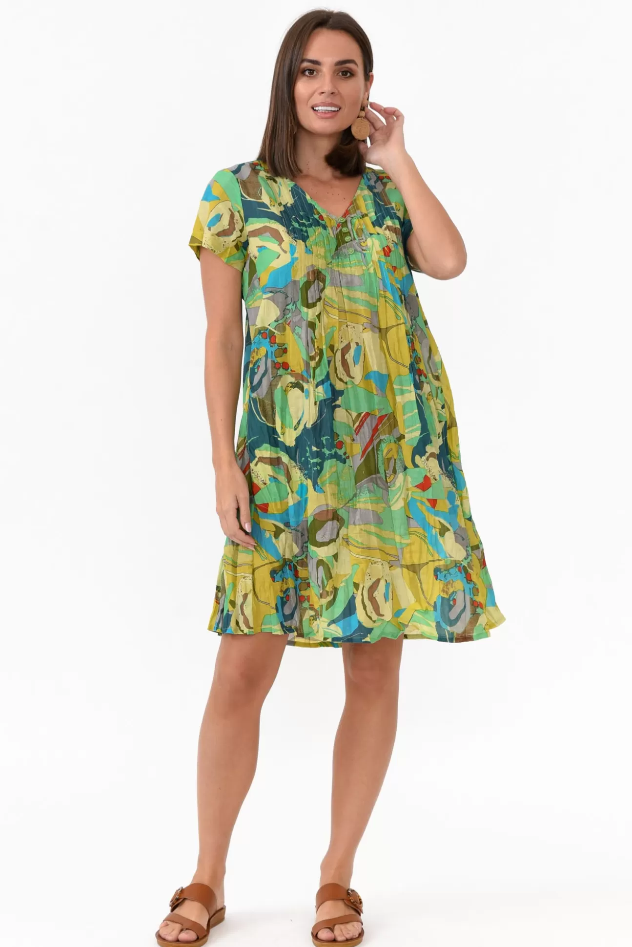 One Summer Sabina Green Poppy Crinkle Cotton Dress Fashion