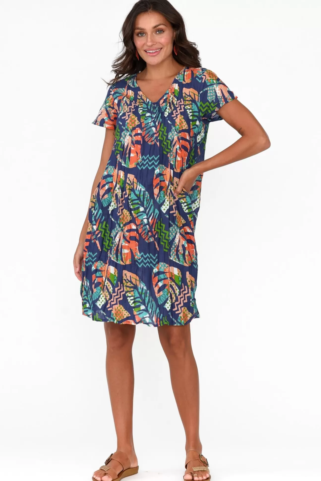 One Summer Sabina Navy Leaf Crinkle Cotton Dress Discount