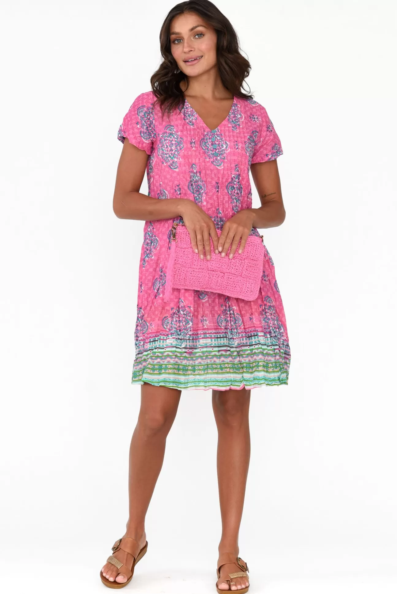 One Summer Sabina Pink Geo Crinkle Cotton Dress Cheap