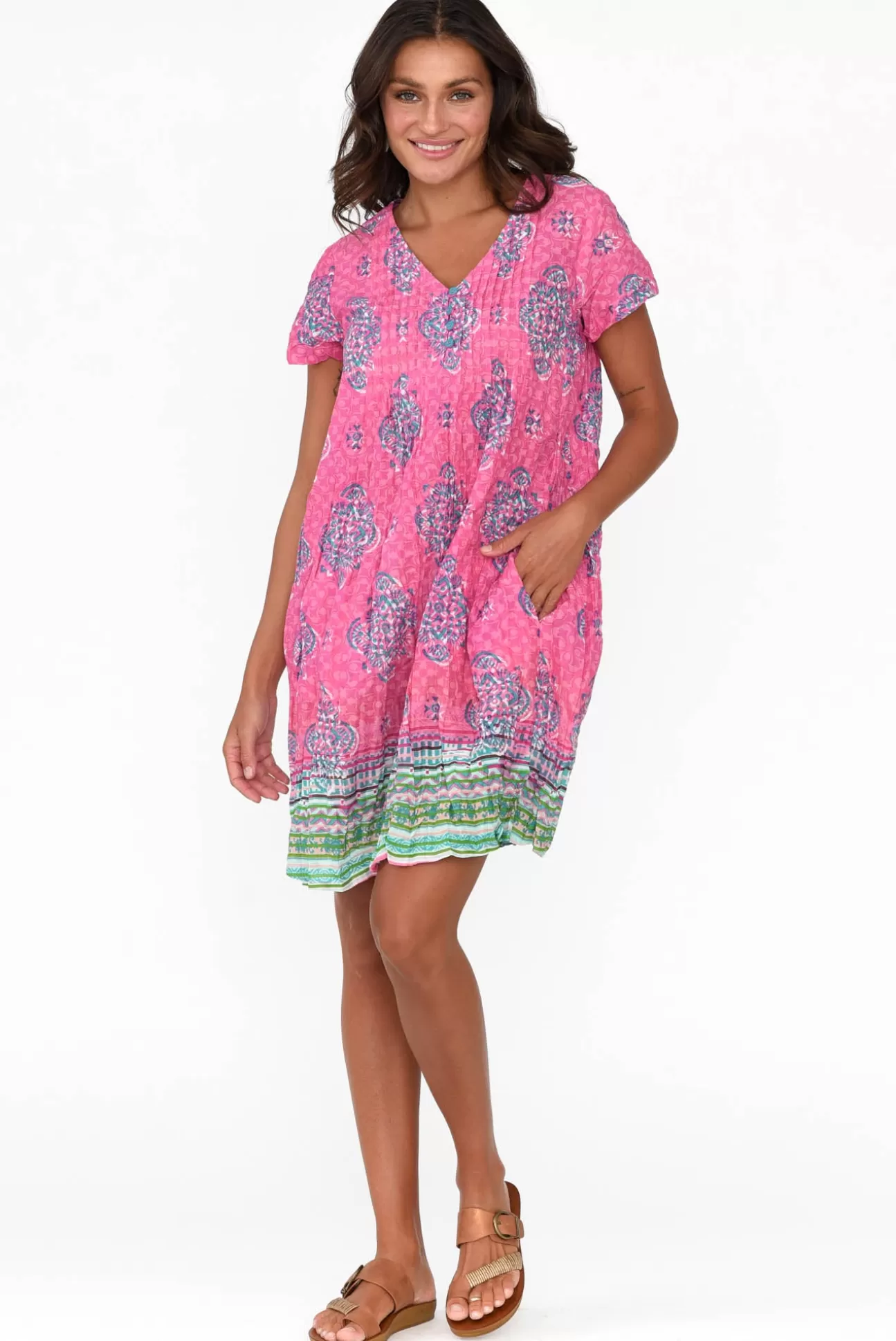 One Summer Sabina Pink Geo Crinkle Cotton Dress Cheap