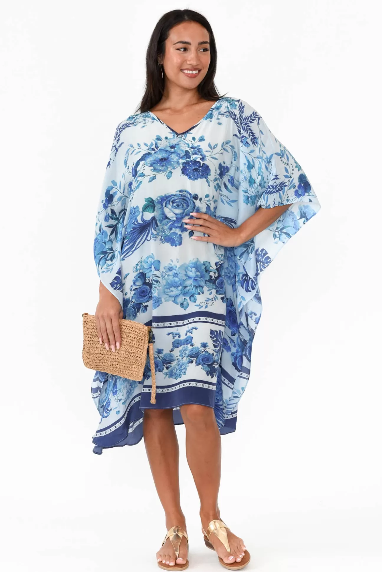 Inoa Sally Blue Floral Silk Kaftan Cheap