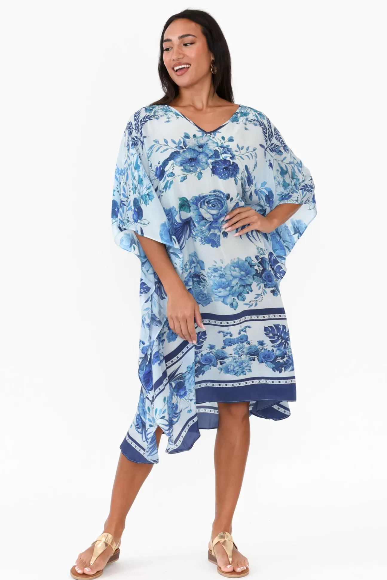 Inoa Sally Blue Floral Silk Kaftan Cheap