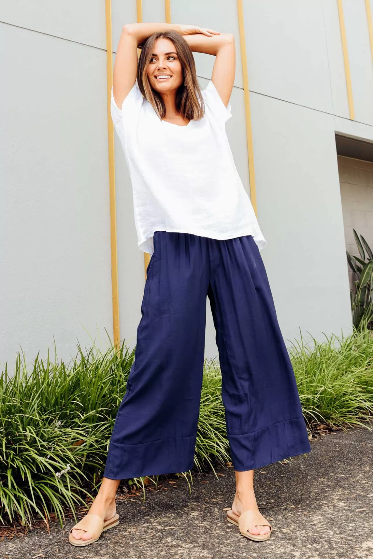 La Mode Samira Navy Cotton Wide Leg Pant Clearance