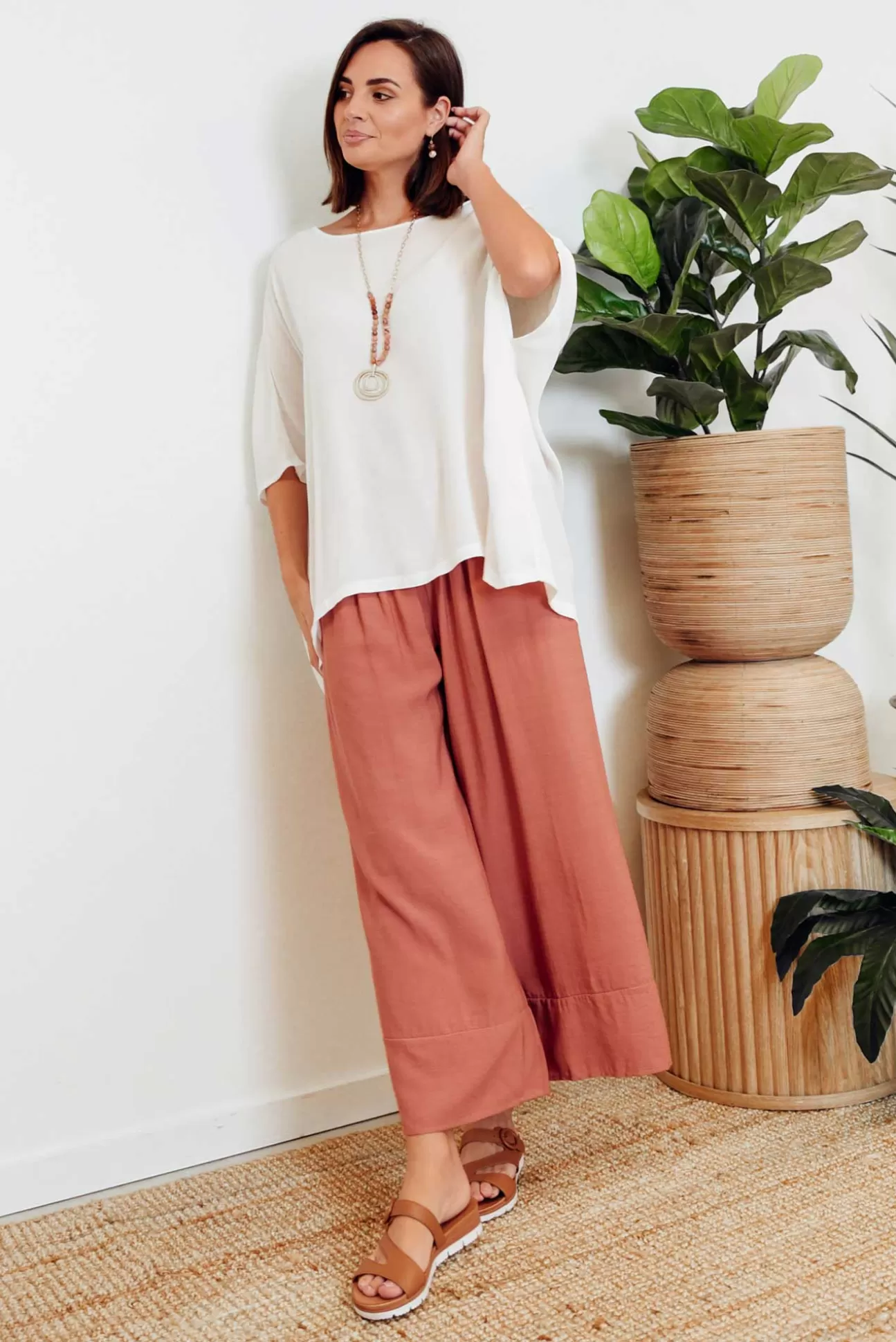 La Mode Samira Rust Cotton Wide Leg Pant Discount