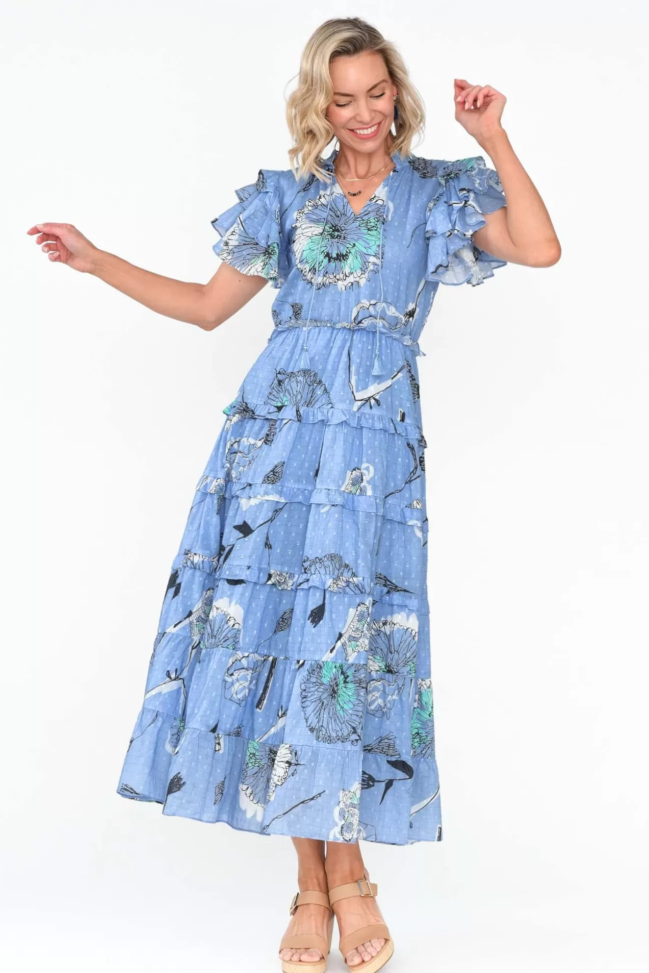 Maude Vivante Sana Blue Dandelion Cotton Frill Dress Fashion