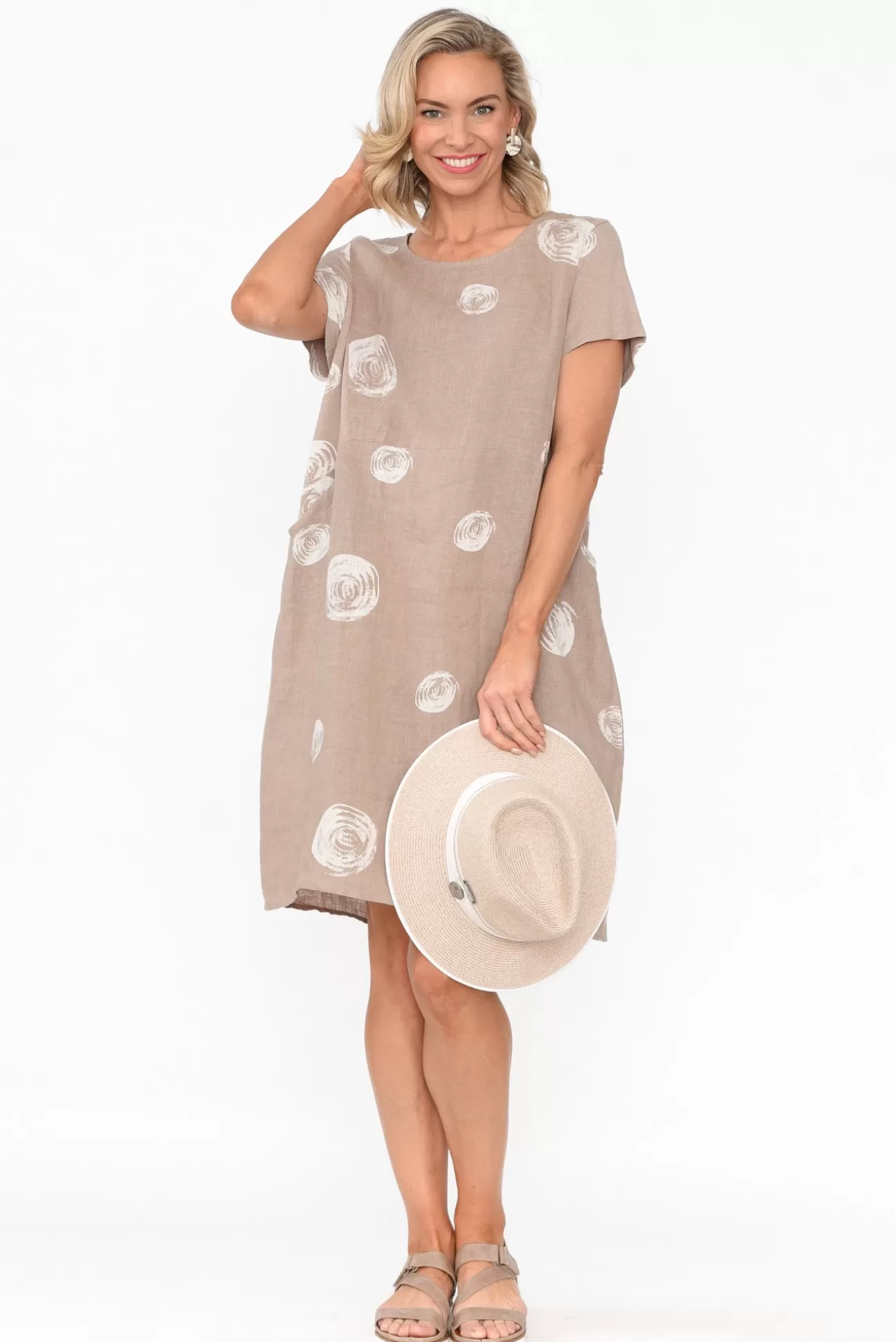 Cali and Co Sawyer Beige Spot Linen Pocket Dress Hot