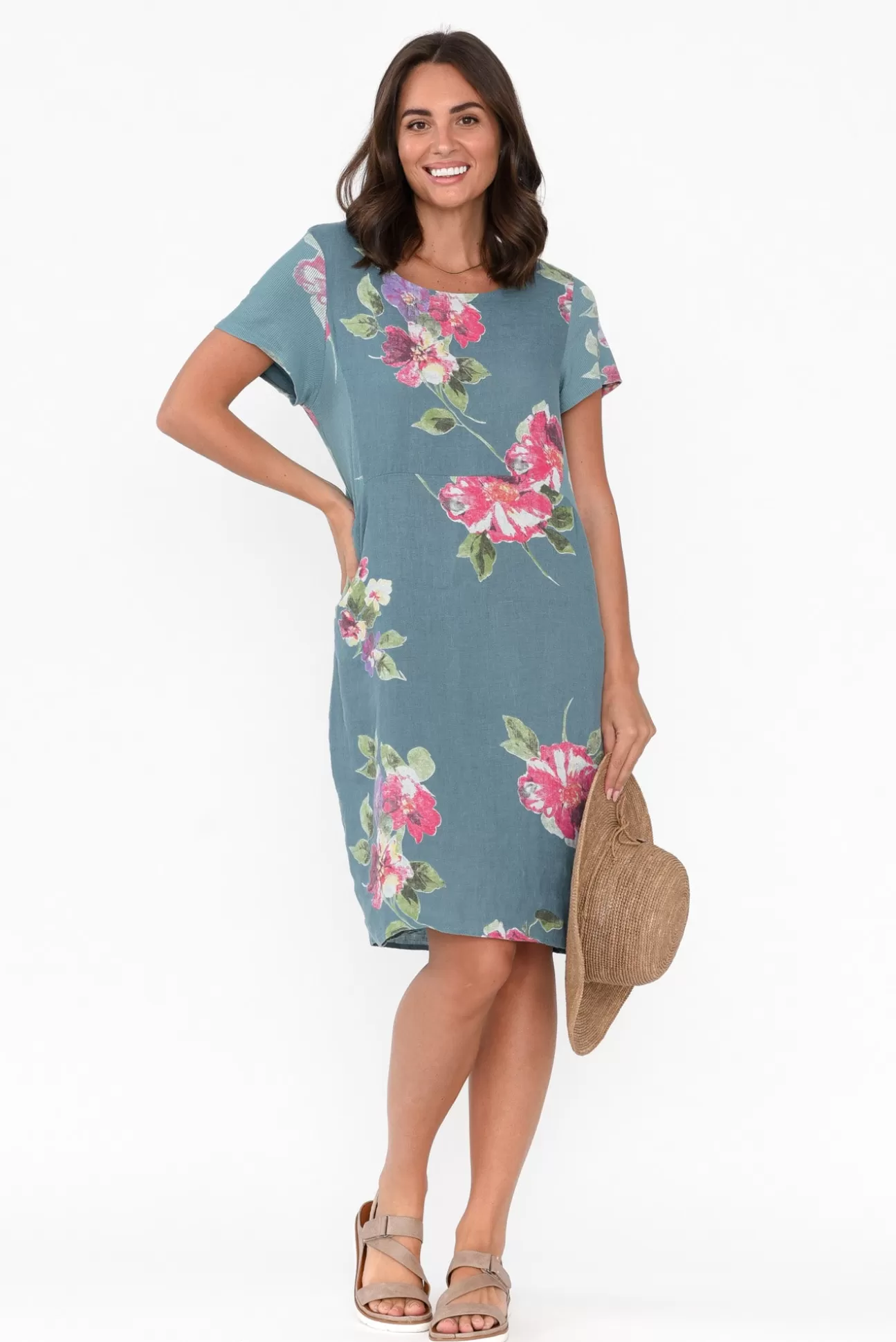 Cali and Co Sawyer Blue Flower Linen Pocket Dress Fashion