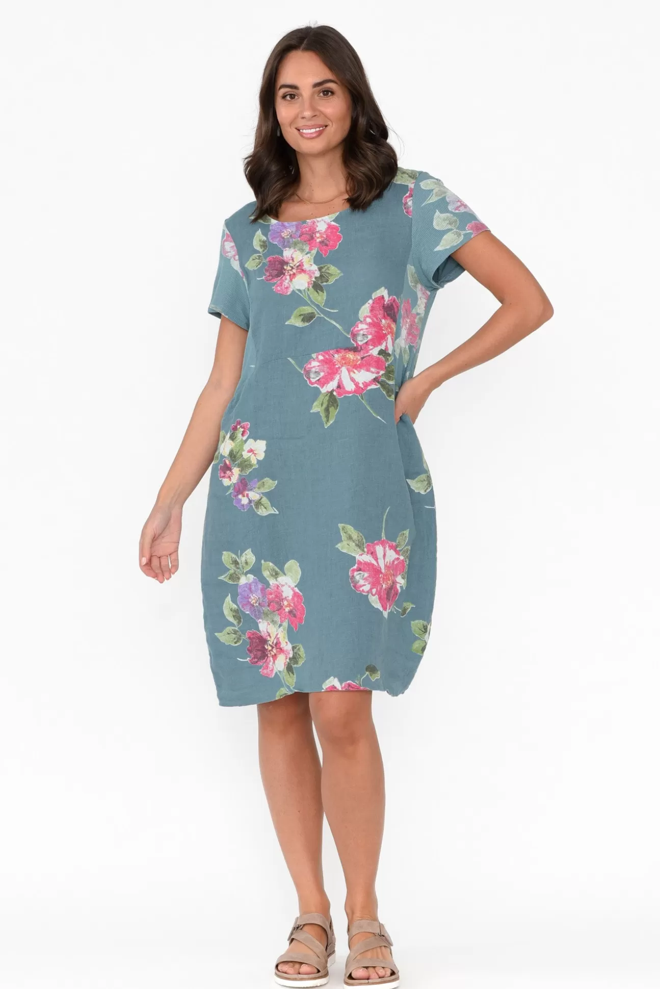 Cali and Co Sawyer Blue Flower Linen Pocket Dress Fashion