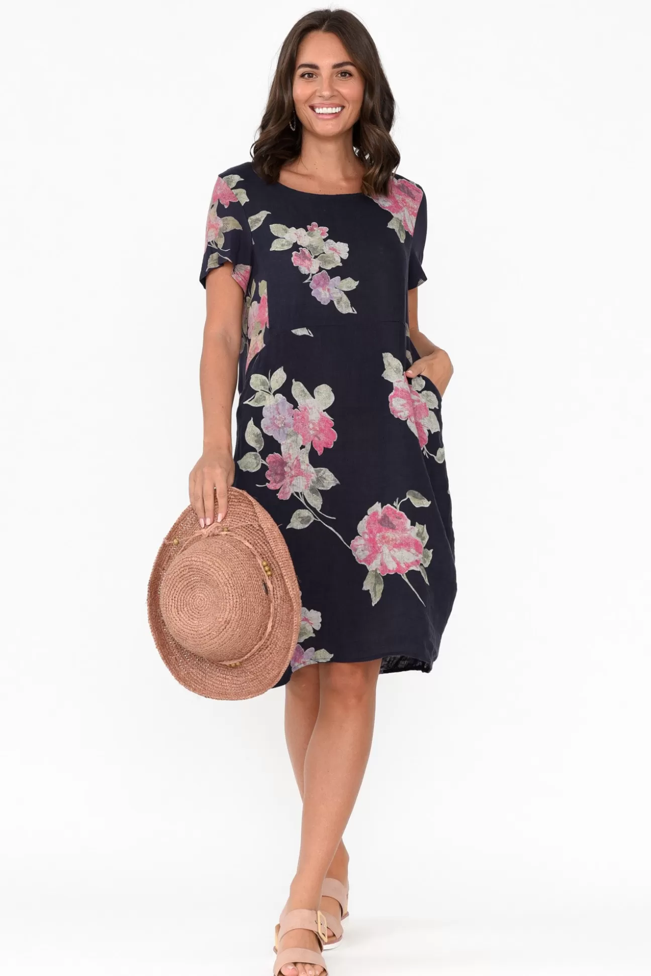 Cali and Co Sawyer Navy Flower Linen Pocket Dress Store