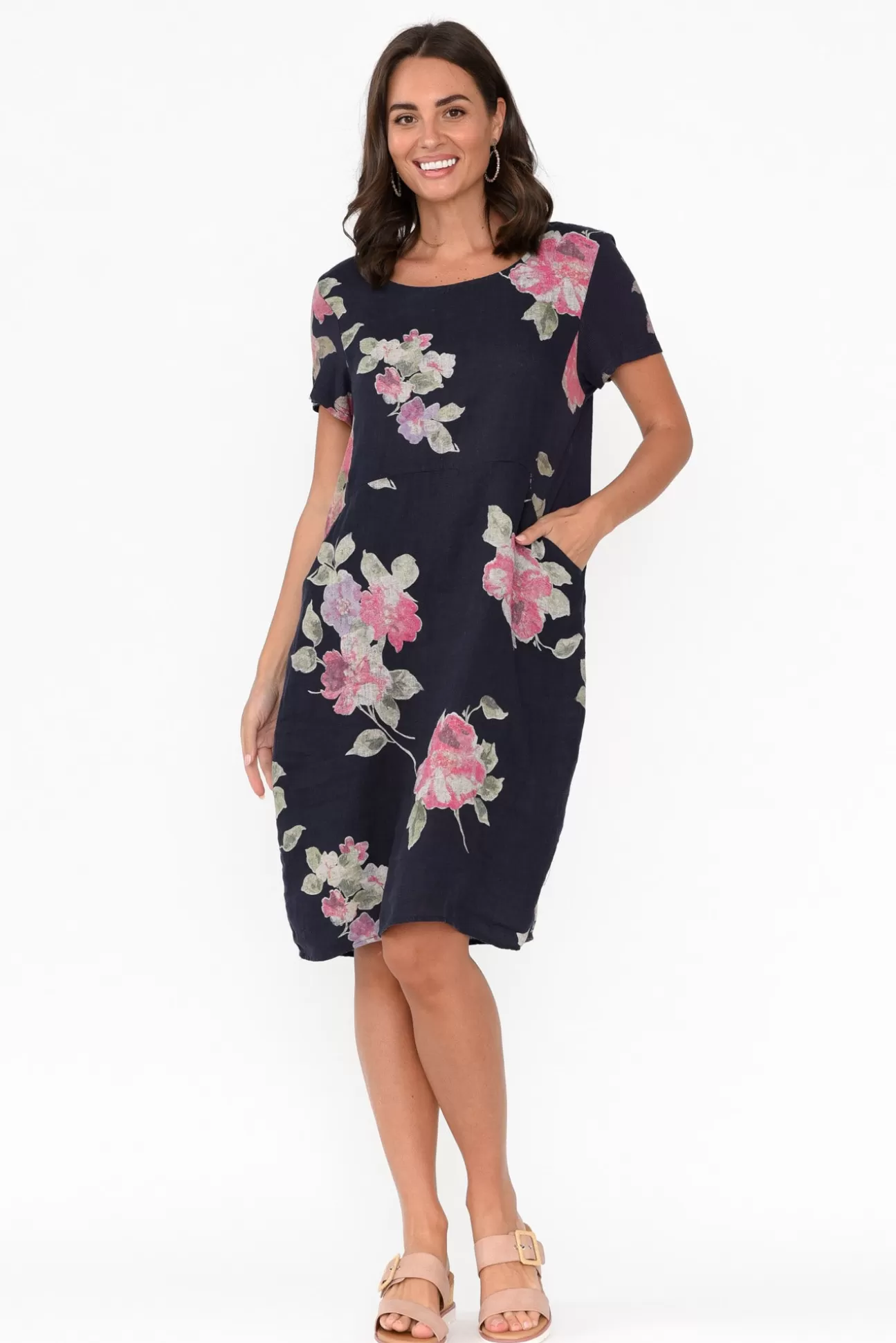 Cali and Co Sawyer Navy Flower Linen Pocket Dress Store