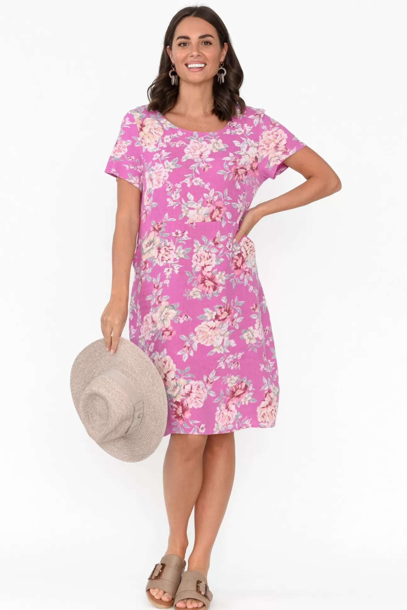 Cali and Co Sawyer Pink Blossom Linen Pocket Dress Hot