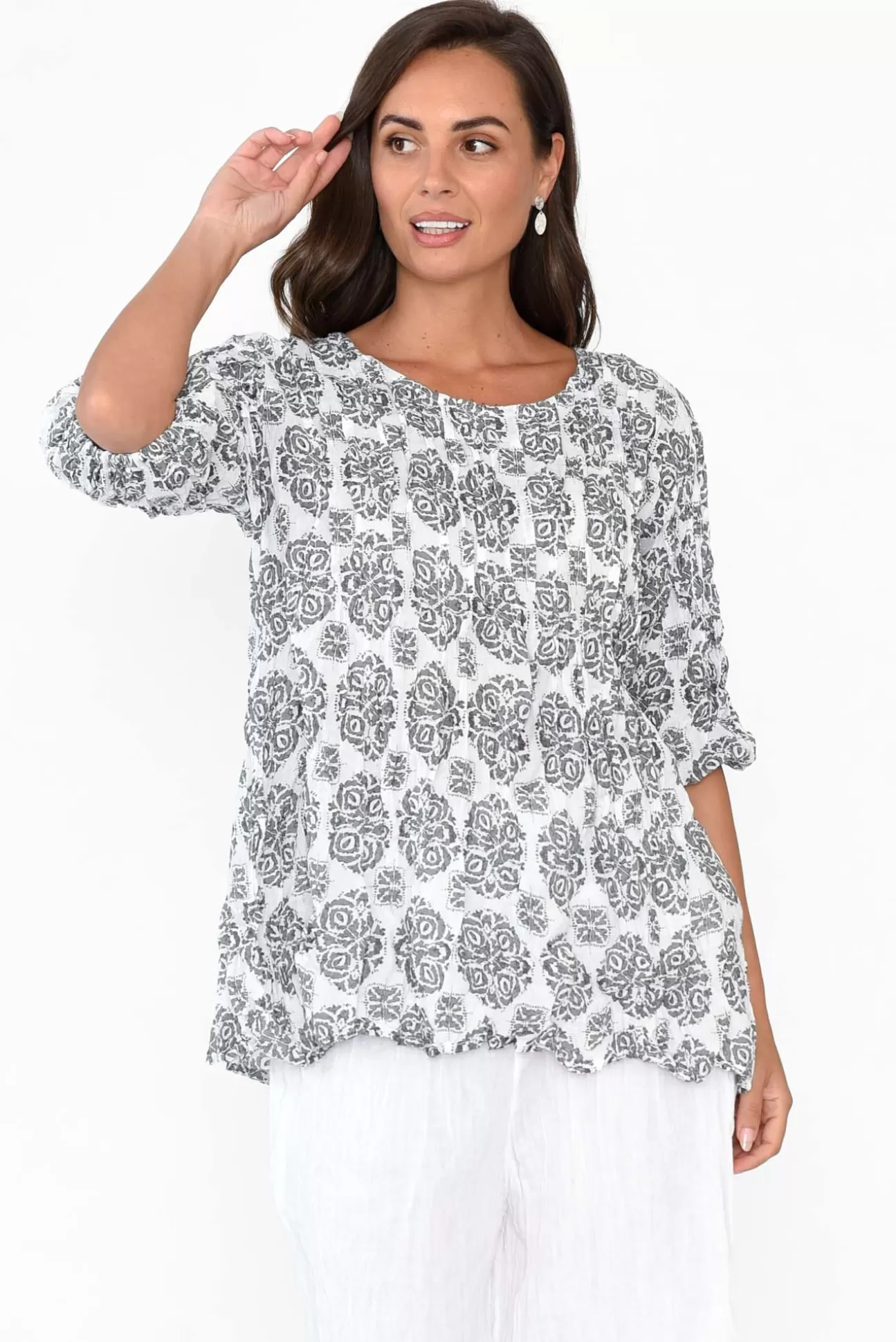 Namastai Selma Grey Fiesta Crinkle Cotton Top Outlet